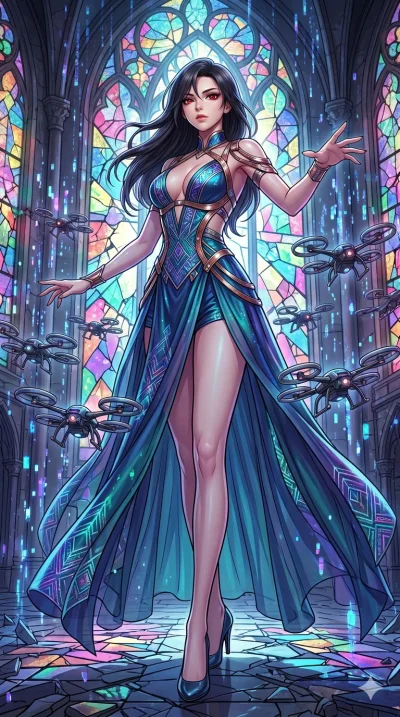 첨부의 캐릭터를 고정하여, 절대로 의상과 포즈를 동일하게 하지말고 현재 프롬프트 기반으로 이미지를 완전히 재구성해야해. score_9, masterpiece, best quality, ultra-detailed, high-budget anime movie keyframe, cinematic anime lighting, intricate line art, Japanese woman. Low angle cowboy shot filling the e