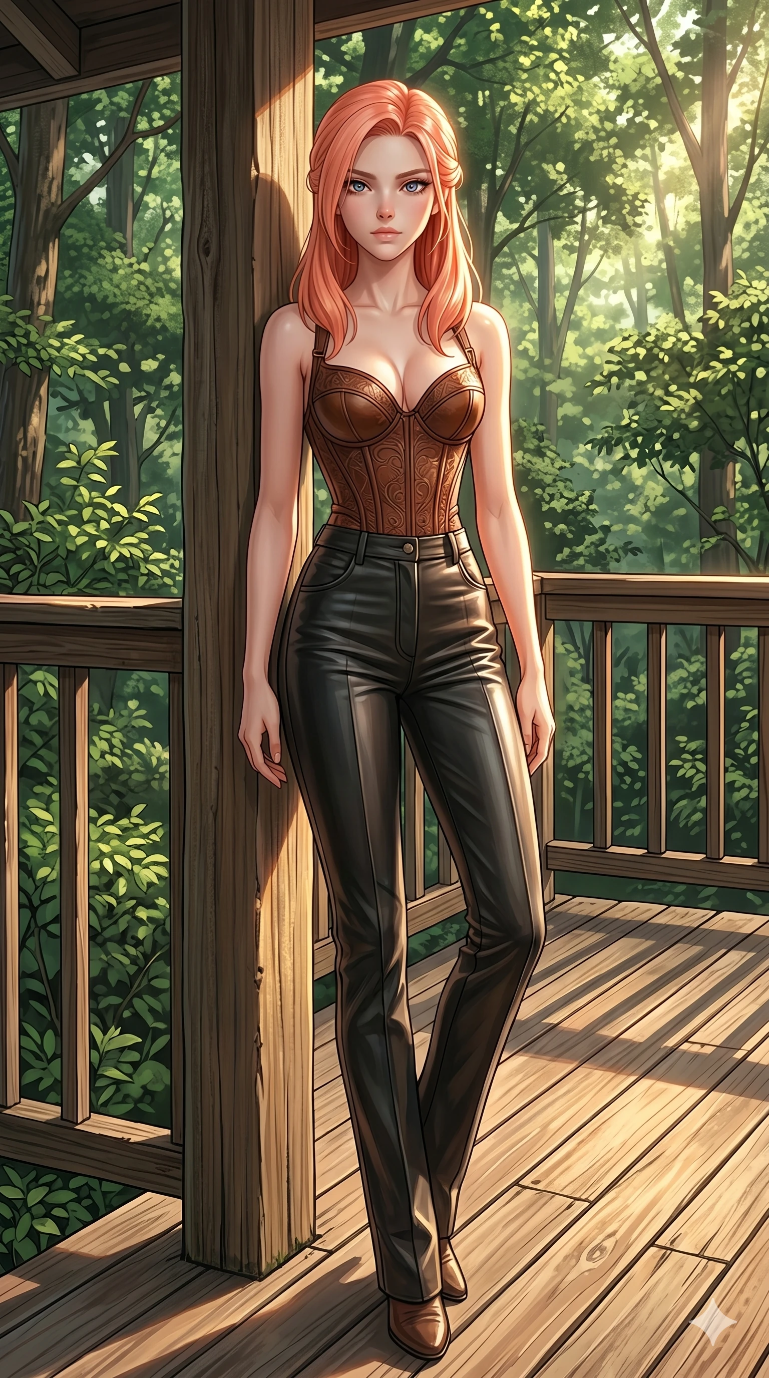 score_9, masterpiece, best quality, ultra-detailed, high-budget anime keyframe, editorial fashion photography, tasteful artistic composition, Japanese woman. cowboy shot from the thighs up, character and outfit filling the frame for maximum editorial presence. leaning against a post, looking past the camera with quiet, thoughtful intensity on a secluded deck of a forest villa surrounded by afternoon sun (Code-P19-188). She has an absolutely perfect 8-heads proportion, an exceptionally tall and slender female figure with impossibly long slender legs and an ultra-slim waist. V-shaped jawline, high-bridge nose, intricate jewel-like eyes with depth, thick eyelashes, glossy lips with a natural sheen. wearing a leather corset with sweetheart neckline revealing cleavage. drenched in warm, direct afternoon sun on the yacht deck, highlighting her statuesque height. 2k, ultra detail, master piece, 9:16 ratio