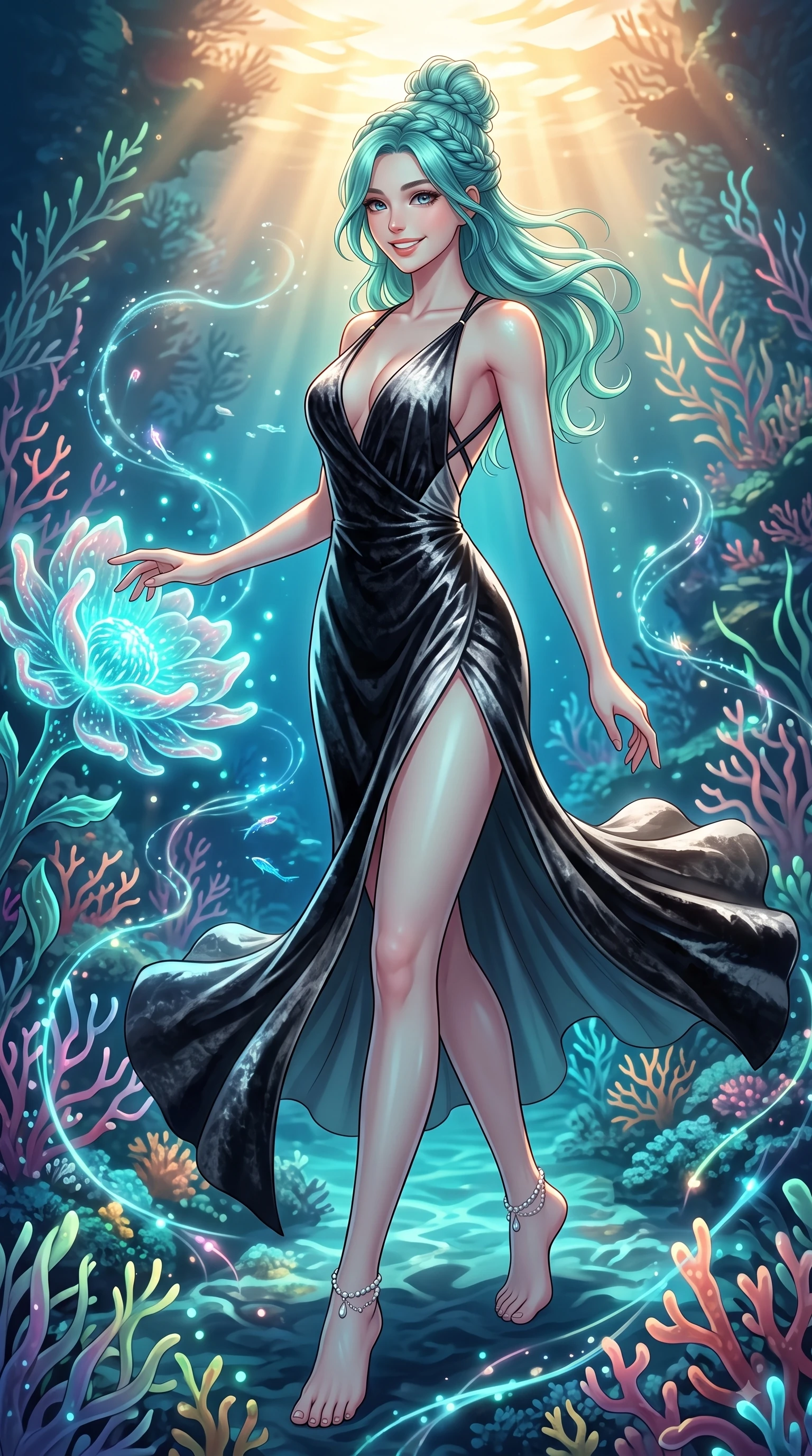 score_9, masterpiece, best quality, ultra-detailed, high-budget anime keyframe, editorial fashion photography, tasteful artistic composition, Japanese woman. low angle full-body shot from head to toe showing her feet, filling the entire 9:16 vertical frame with her statuesque presence, stretching her vertical silhouette. stepping forward in a proud dynamic stride with a cheerful beaming smile, her vertical silhouette filling the frame while reaching her hand out with a bright smiling face to touch a glowing coral sea blossom, gentle ocean currents swaying her lightweight aquatic attire in fluid joyful motions. She has an absolutely perfect, statuesque 8.5-heads proportion, an exceptionally tall and slender model-like female figure with impossibly long slender legs and an ultra-slim waist. sharp v-shaped jawline, high-bridge nose, intricate jewel-like eyes with depth, thick eyelashes, glossy lips with a natural sheen, flawlessly proportioned anatomical accuracy, natural body alignment, perfectly sculpted elegant limbs, clean dynamic posture without body distortion. wearing a backless crushed velvet gown with a deep V-neckline and high thigh slit in matte black and polished silver, made of premium stretch velvet with a rich sheen, complemented by criss-cross back straps highlighting her bare shoulders, the glove-like fit emphasizing her statuesque silhouette during motion. illuminated by cheerful aqua bioluminescence and warm golden top lighting. highly saturated vibrant anime colors, detailed shading with soft gradients, rich glossy textures, high-contrast stereoscopic depth, volumetric dynamic lighting, master piece, 9:16 ratio