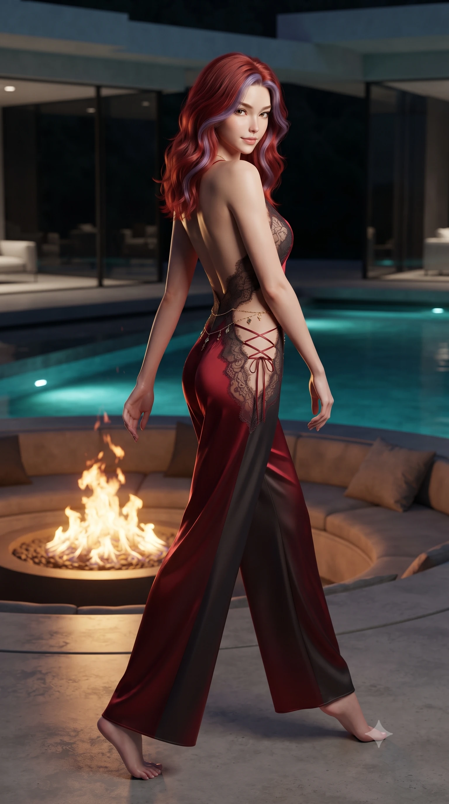 score_9, masterpiece, best quality, ultra-detailed, high-budget anime keyframe, editorial fashion photography, tasteful artistic composition, Caucasian woman. low angle full-body shot from head to toe showing her feet, filling the entire 9:16 vertical frame with her statuesque presence, stretching her vertical silhouette. stepping slowly toward the camera with hypnotic grace, hips swaying in an alluring sensual rhythm that accentuates her curvy hourglass silhouette and long slender legs while lounging in the circular sunken fire-pit lounge with legs crossed, looking over a bare shoulder toward the obsidian lake with an intoxicating bedroom-gaze. The surrounding environment is rendered in vivid detail and crisp panoramic clarity: detailed wet-look satin slip dress cling, gold body jewelry shine, and ultra-modern Swiss architectural lines in razor-sharp precision. She has an absolutely perfect, statuesque 8.5-heads proportion, an exceptionally tall and slender model-like female figure with impossibly long slender legs, an ultra-slim waist, a flat toned midriff, narrow delicate ribcage, and beautifully sculpted feminine hips creating a graceful, slim hourglass silhouette without any bulky heaviness. sharp v-shaped jawline, high-bridge nose, sparkling eyes with hypnotic seductive depth, thick curled eyelashes, glossy parted lips with a natural dewy peach sheen, alluring bedroom-eyes with an enchanting coquettish smile, exuding magnetic siren charisma and sophisticated glamour, flawlessly proportioned anatomical accuracy, strict slender model proportions, natural body alignment, perfectly sculpted long slender limbs, ultra-slim waistline, clean dynamic posture without body distortion. wearing a backless plunge-front silk satin jumpsuit with fluid wide-leg silhouette and side hip cutouts in rich cherry lacquer and smoky charcoal, made of delicate semi-sheer French Chantilly lace with intricate eyelash edges, featuring fine criss-cross lace-up side ties revealing tantalizing glimpses of her hip curve, the form-contouring silhouette accentuating her sculpted flat midriff, narrow delicate ribcage, and gracefully curvy hips with intoxicating allure. bathed in the warm dynamic flicker of real firelight paired with cool turquoise underwater LED illumination. ultra-reflective glossy finish, specular highlights, rich textural contrasts, high-contrast stereoscopic depth, volumetric dynamic lighting, 2k, ultra detail, master piece, 9:16 ratio