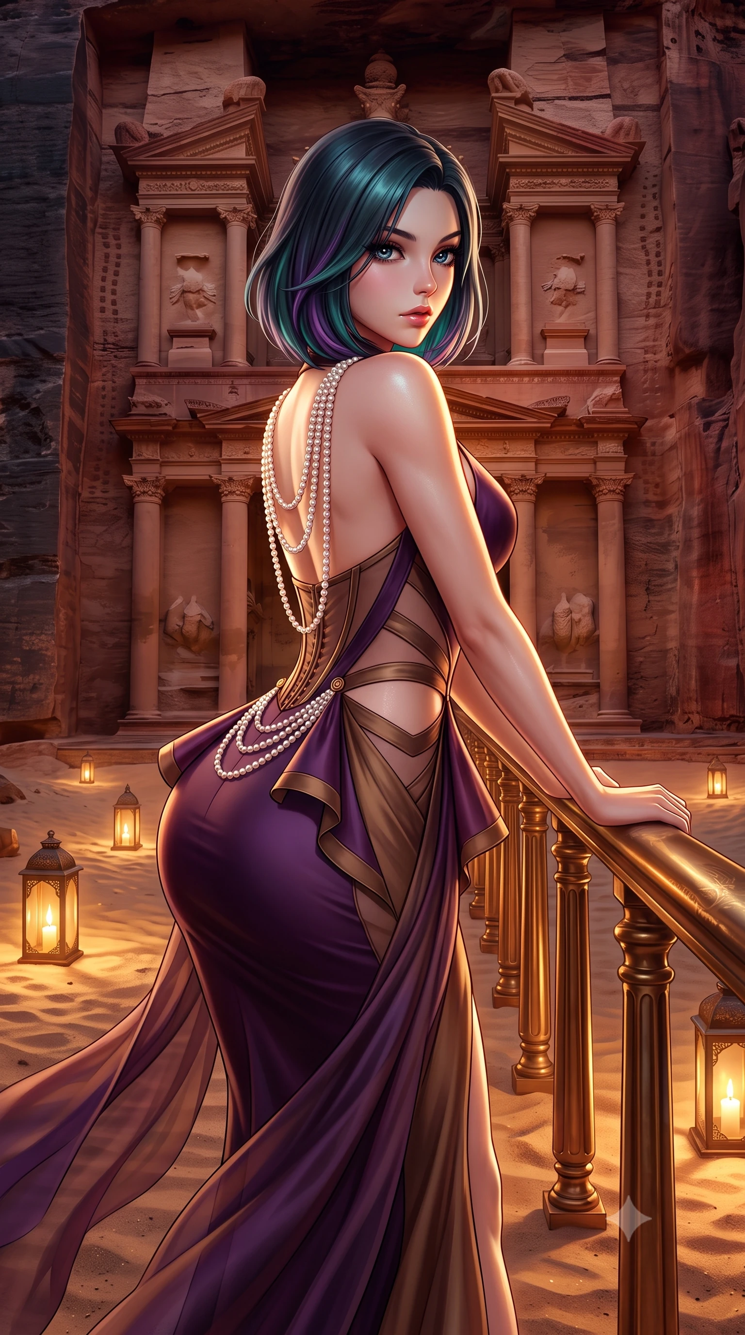 score_9, masterpiece, best quality, ultra-detailed, high-budget anime keyframe, semi-realistic 3D game render, editorial fashion photography, tasteful artistic composition, Caucasian woman. close-up cowboy shot from the waist and thighs up, the character dominates the composition, filling the frame with her large presence. leaning forward against the polished railing with her hips cocked back, creating an intoxicating curve from her narrow waist to sculpted hips as she gazes back into the lens while walking gracefully down the lantern-lit sand pathway, her sweeping desert gown fluttering around her long slender limbs under the starlit sky. The surrounding environment is rendered in vivid detail and crisp panoramic clarity. detailed silk chiffon cape drape, flickering candlelight sheen on skin, and Petra Treasury facade clarity in high resolution. She has an exceptionally elegant, slender, and willowy female figure with an ultra-slim waist, flat toned midriff, narrow ribcage, and sculpted feminine hips creating an alluring, slim hourglass silhouette without bulk. sharp v-shaped jawline, high-bridge nose, intricate jewel-like eyes with depth, thick eyelashes, glossy parted lips with a natural sheen, intensely captivating and seductive bedroom-eyes expression, flawlessly proportioned anatomical accuracy, strict slender model proportions, natural body alignment, perfectly sculpted long slender limbs, ultra-slim waistline, clean dynamic posture without body distortion. wearing a structural geometric peplum gown with sheer side-ribbon cutouts and form-fitting skirt in deep plum violet and antique bronze, made of fluid silk crepe with delicate inner corsetry boning, accented with a multi-strand pearl back necklace cascading down her bare spine to her hips, the second-skin form-contouring cut accentuating her sculpted flat midriff, narrow delicate ribcage, and gracefully curvy hips with supermodel precision. illuminated by warm sandstone ambient reflections sharply contouring her razor-sharp jawline, narrow waist, and curvy hips. highly saturated vibrant anime colors, detailed shading with soft gradients, rich glossy textures, high-contrast stereoscopic depth, volumetric dynamic lighting, master piece, 9:16 ratio