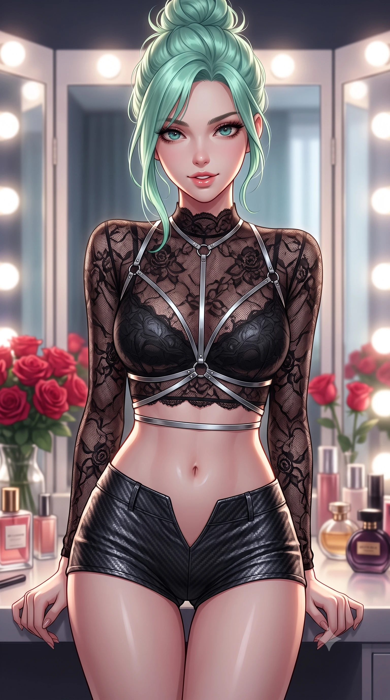 score_9, masterpiece, best quality, ultra-detailed, high-budget anime keyframe, editorial fashion photography, tasteful artistic composition, Japanese woman. close-up cowboy shot from the waist and thighs up, the character dominates the composition, filling the frame with her large presence, background elements kept in soft focus. leaning slightly forward with a playful, teasing smile, her gaze locked onto the viewer with lips parted in a composed pose, the background shows a soft-focus a dressing room corner with bouquets of red roses and perfume bottles. She has an exceptionally elegant, slender, and willowy female figure with an ultra-slim waist, a gracefully sculpted slender torso, and a refined silhouette. sharp v-shaped jawline, high-bridge nose, intricate jewel-like eyes with depth, thick eyelashes, glossy lips with a natural sheen. wearing a body-hugging sheer lace long-sleeve crop top paired with low-cut carbon-fiber hotpants and a thin chrome harness. soft vanity lighting reflecting off mirrors to create a glowing frame around her. highly saturated vibrant anime colors, detailed shading with soft gradients, rich glossy textures, high-contrast stereoscopic depth, volumetric dynamic lighting, master piece, 9:16 ratio