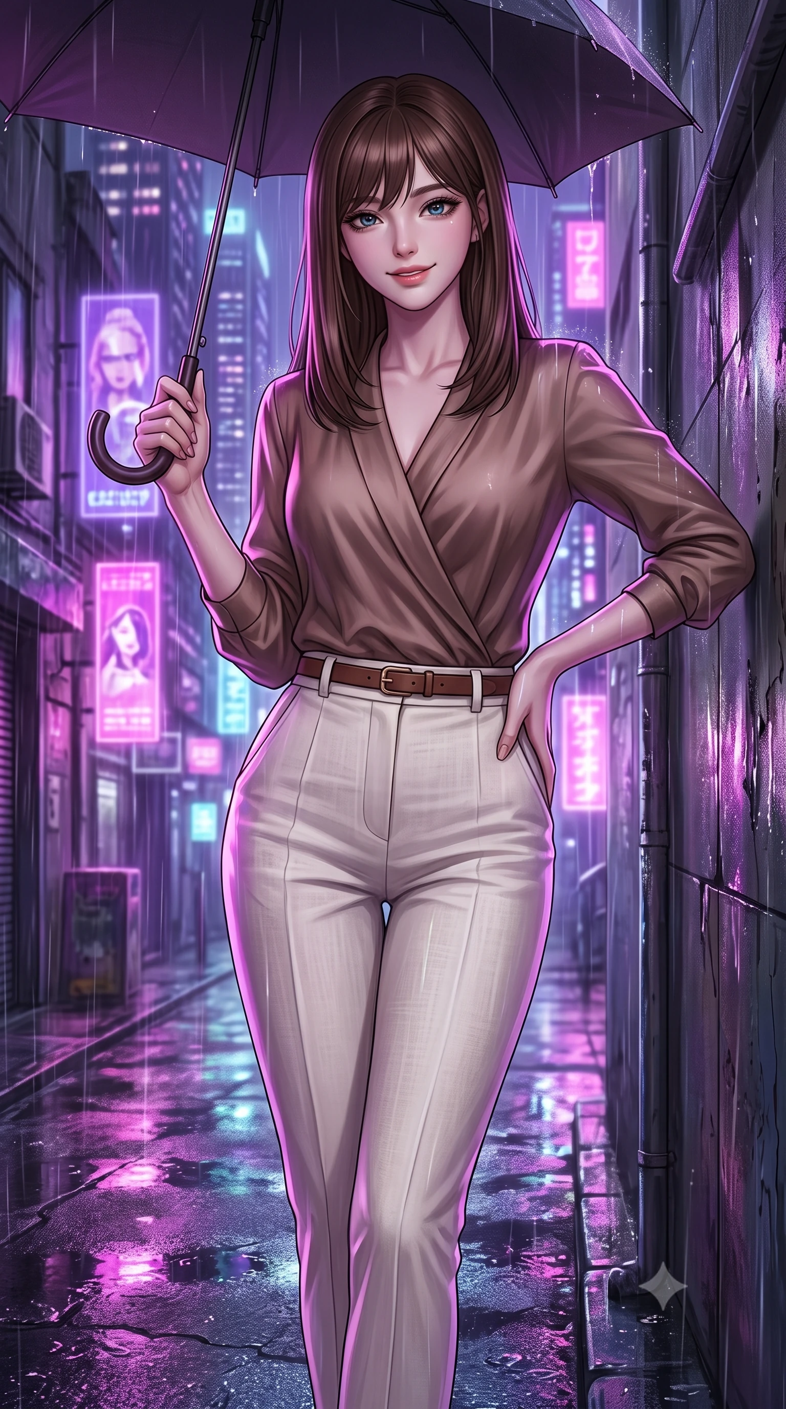 score_9, masterpiece, best quality, ultra-detailed, high-budget anime keyframe, editorial fashion photography, tasteful artistic composition, Korean woman. close-up cowboy shot from the waist and thighs up, the character dominates the composition, filling the frame with her large presence, background elements kept in soft focus. Smiling softly with a knowing, happy look in her eyes. set against a soft-focus background of in a narrow alleyway at night during a rainstorm, with wet concrete reflecting the purple neon of nearby skyscrapers and floating holographic ads. She has an exceptionally elegant, slender, and willowy female figure with a highly-defined ultra-slim waist, a gracefully sculpted slender torso, and a refined slim-fit silhouette that contours her form. sharp v-shaped jawline, high-bridge nose, intricate jewel-like eyes with depth, thick eyelashes, glossy lips with a natural sheen. wearing a wrap-style silk blouse in a warm mocha shade, tucked into high-waisted ivory linen trousers. saturated purple and pink neon light reflecting off the wet asphalt, creating sharp colorful specular highlights. 2k, ultra detail, master piece, 9:16 ratio