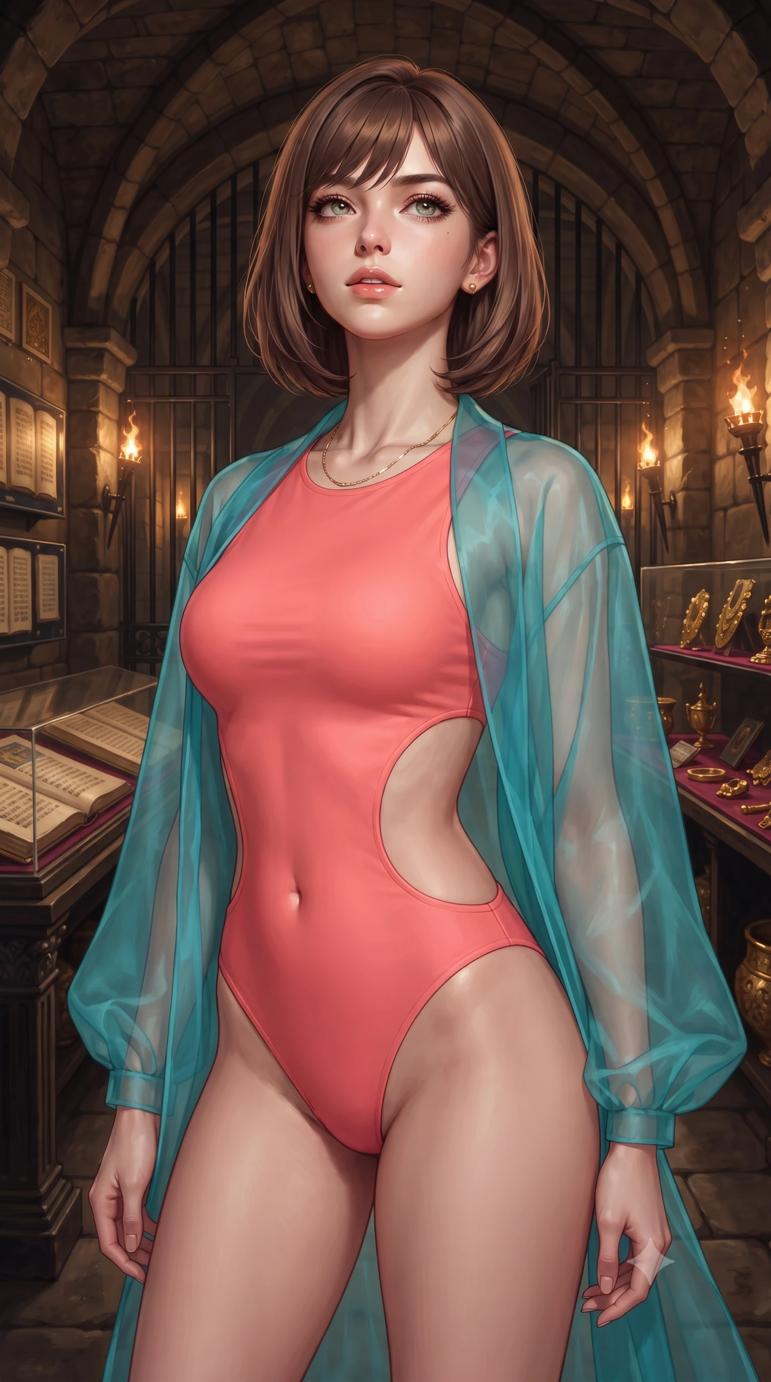 score_9, masterpiece, best quality, ultra-detailed, high-budget anime keyframe, editorial fashion photography, tasteful artistic composition, Caucasian woman, strictly human ears. close-up cowboy shot from the waist and thighs up, the character dominates the composition, filling the frame with her large presence, background elements kept in soft focus. Tilting her chin up slightly with lips parted in a composed expression. set against a soft-focus background of a subterranean vault with arched stone ceilings and heavy iron gates walls lined with ancient illuminated manuscripts under glass and gold artifacts gleaming on velvet-lined shelves stretching into torch-lit darkness. She has an exceptionally elegant and slender, willowy female figure with an ultra-slim waist, a gracefully sculpted slender torso, and a refined slim physique. sharp v-shaped jawline, high-bridge nose, intricate jewel-like eyes with depth, thick eyelashes, glossy lips with a natural sheen. wearing a vibrant coral pink bodysuit with a dramatic open-waist cutout, layered with a sheer turquoise organza wrap shrug. warm flickering torchlight and focused museum spotlights on gold artifacts creating rich amber pools of light against deep stone shadows. 2k, ultra detail, master piece, 9:16 ratio