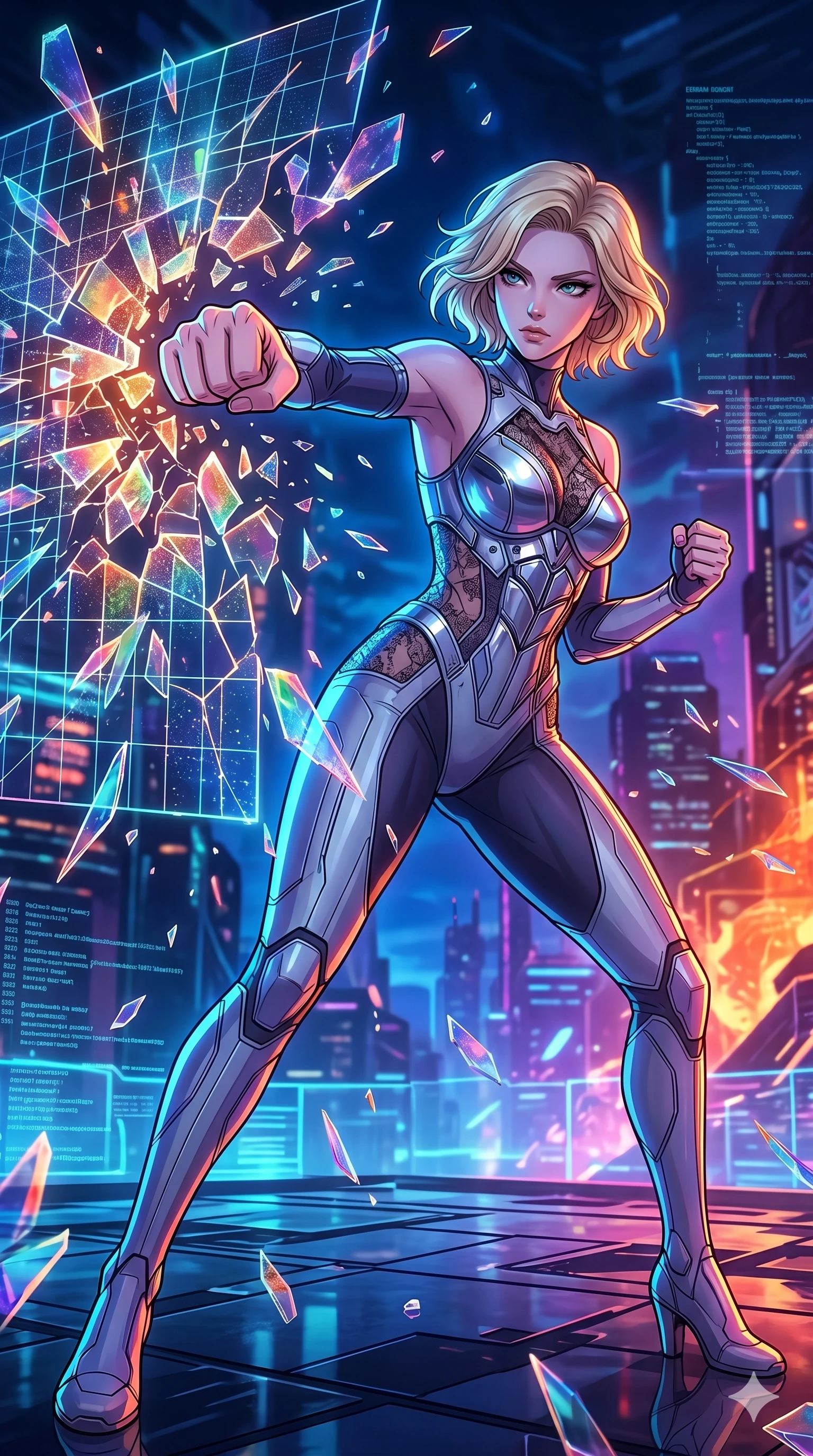 score_9, masterpiece, best quality, ultra-detailed, high-budget anime movie keyframe, cinematic anime lighting, intricate line art, Caucasian (strictly human ears) woman. Low angle cowboy shot capturing a powerful motion and statuesque presence. punching through a holographic firewall that shatters like glass. She has an absolutely perfect 8-heads proportion, an exceptionally tall and slender female figure with graceful and slender proportions. strictly human anatomy, two legs only, no extra limbs, clearly defined legs and arms, perfect anatomy, perfect hands and fingers. sharp v-shaped jawline, high-bridge nose, intricate jewel-like eyes, thick eyelashes, glossy lips. Wearing Cyber-Tech Legacy: Asymmetrical sleek tech-bodysuit with detached sleeves and chrome-plated corset over sheer lace. The scene is illuminated by dramatic atmospheric lighting and vibrant color palettes. , 2k, ultra detail, master piece, 9:16 ratio