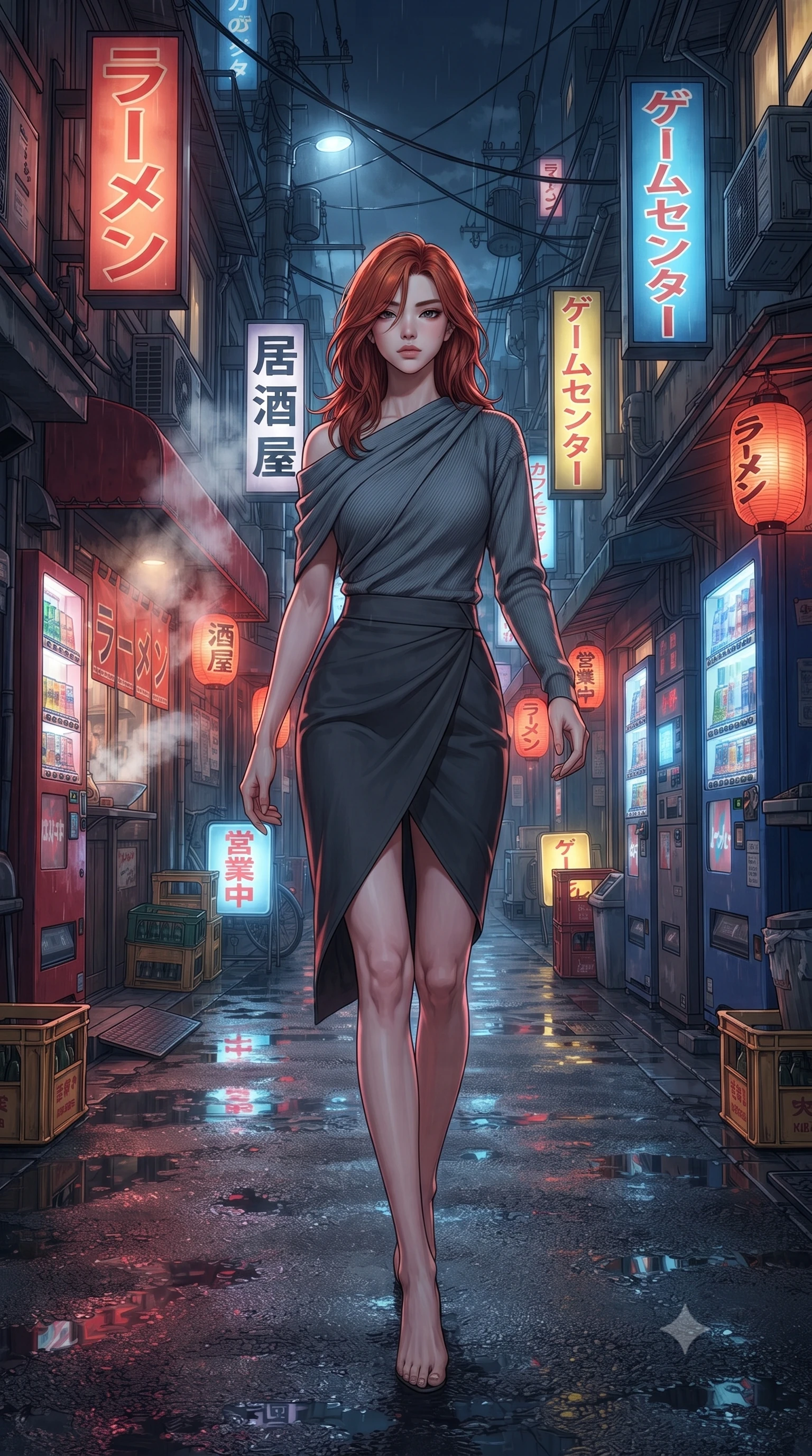 score_9, masterpiece, best quality, ultra-detailed, high-budget anime keyframe, editorial fashion photography, tasteful artistic composition, Korean woman. low angle full-body shot from head to toe showing her feet, filling the entire 9:16 vertical frame with her statuesque presence, stretching her vertical silhouette. navigating with fluid motion through a narrow atmospheric Tokyo alley at night densely packed with glowing signs in Japanese katakana steam rising from ramen shops vending machines casting colored pools of light on wet asphalt. She has a statuesque 8.5-heads proportion, an exceptionally tall, slender and willowy model-like build with impossibly long legs and a highly sculpted ultra-slim waist. sharp v-shaped jawline, high-bridge nose, intricate jewel-like eyes with depth, thick eyelashes, glossy lips with a natural sheen. wearing an asymmetric draped knit top in slate grey, paired with a matching high-waisted charcoal wrap skirt wrapping her hips. cold silver moonlight filtered through translucent gossamer curtains casting delicate shadows. 2k, ultra detail, master piece, 9:16 ratio