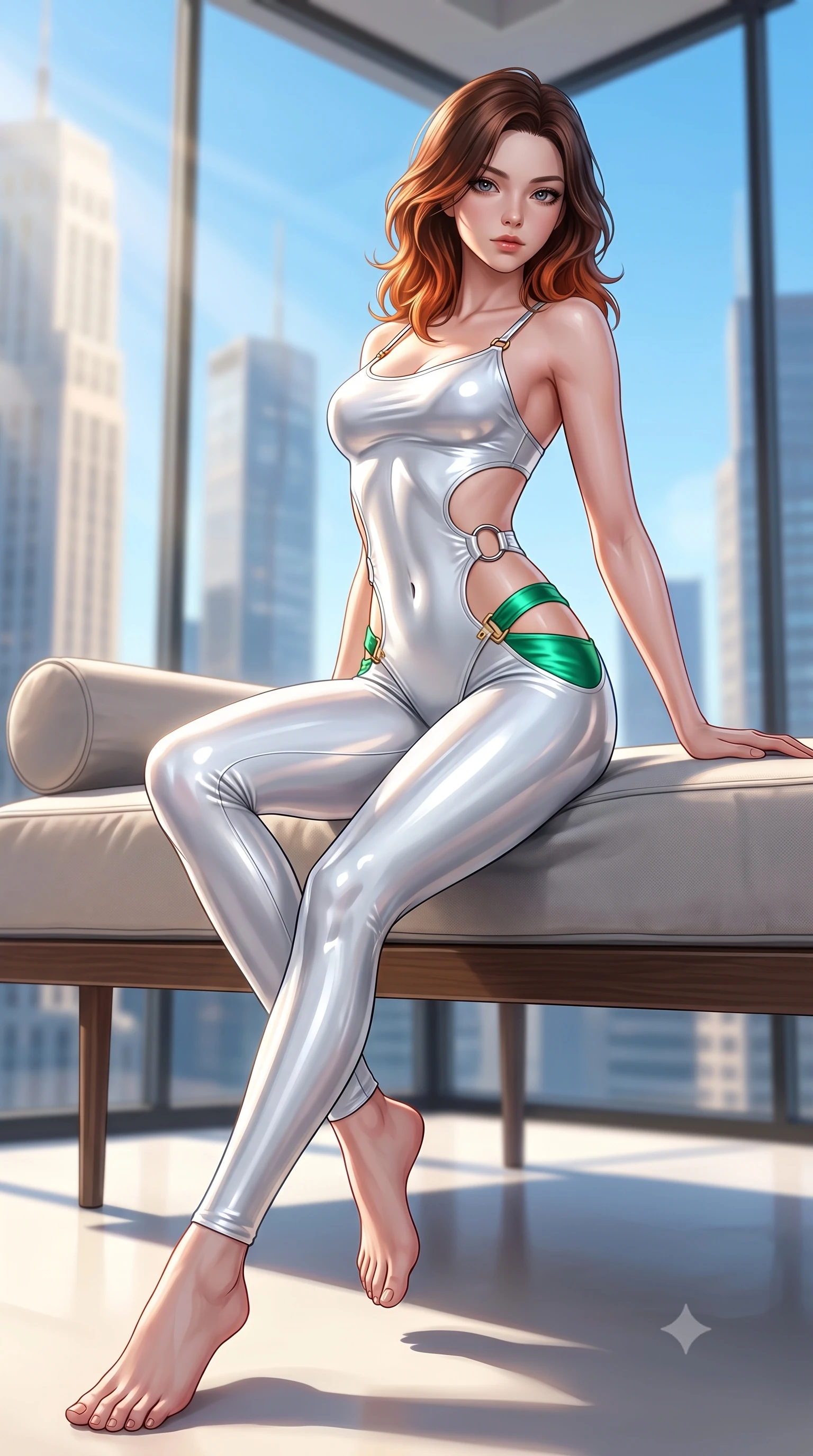 score_9, masterpiece, best quality, ultra-detailed, high-budget anime keyframe, semi-realistic 3D game render, editorial fashion photography, tasteful artistic composition, Korean woman. low angle full-body shot from head to toe showing her feet, filling the entire 9:16 vertical frame with her statuesque presence, stretching her vertical silhouette. arching her back in a fluid zero-gravity turn with sovereign grace, her long slender legs and sculpted torso creating a sweeping line while lounging seductively in a minimalist designer daybed framed by bright morning sunbeams and city sky views. The composition keeps background elements in soft focus with creamy bokeh. sunlit skyscraper towers and clear blue skies blurred into bright, clean high-key urban bokeh. She has an absolutely perfect, statuesque 8.5-heads proportion, an exceptionally tall and slender model-like female figure with impossibly long slender legs, a toned flat midriff, and an ultra-slim waist. sharp v-shaped jawline, high-bridge nose, intricate jewel-like eyes with depth, thick eyelashes, glossy lips with a natural sheen, flawlessly proportioned anatomical accuracy, strict slender model proportions, natural body alignment, perfectly sculpted long slender limbs, ultra-slim waistline, clean dynamic posture without body distortion. wearing a second-skin white liquid-mercury micro-bodysuit sculpted tightly to her slender build, featuring razor-thin metallic straps and hip cutouts in bright emerald green satin and gold hardware, crafted from ultra-reflective second-skin latex with a high-gloss glass-like polish, detailed with polished silver rings connecting the daring side-waist cutouts, the precision-cut daring openings accentuating her delicate midriff, graceful bare collarbones, and ultra-slim feminine waistline. bathed in bright, clean high-key natural sunlight flooding through panoramic glass walls. highly saturated vibrant anime colors, detailed shading with soft gradients, rich glossy textures, high-contrast stereoscopic depth, volumetric dynamic lighting, master piece, 9:16 ratio