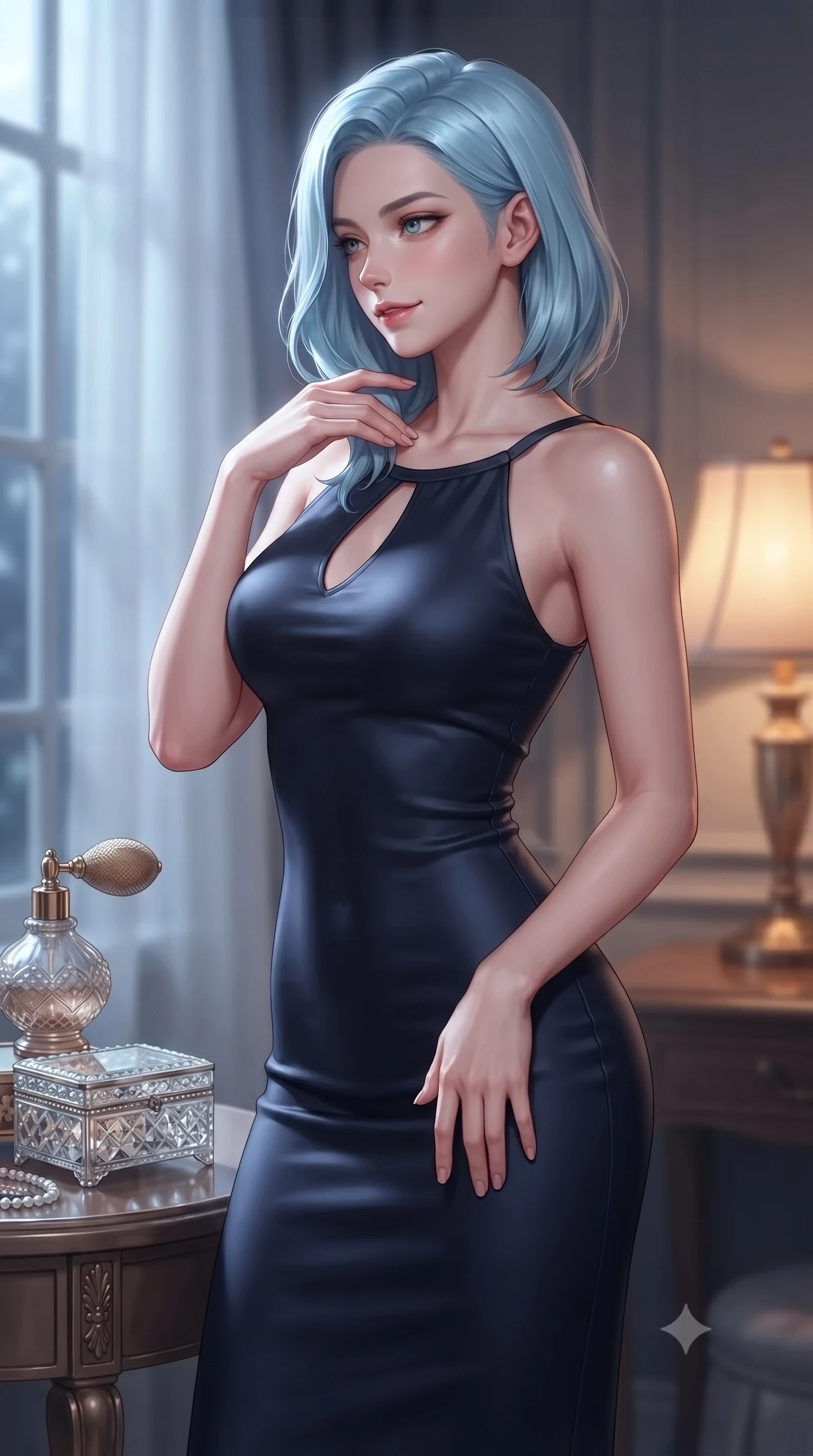 score_9, masterpiece, best quality, ultra-detailed, high-budget anime keyframe, editorial fashion photography, tasteful artistic composition, Korean woman. close-up cowboy shot from the waist and thighs up, the character dominates the composition, filling the frame with her large presence, background elements kept in soft focus. glancing sidelong over her shoulder with an intoxicating, lingering stare and a subtle, knowing smile set against a soft-focus background of inside an exclusive private spa pavilion with a vintage perfume atomizer and crystal jewelry box reflecting soft light. She has an exceptionally elegant, slender, and willowy female figure with an ultra-slim waist, a gracefully sculpted slender torso, and a refined silhouette. sharp v-shaped jawline, high-bridge nose, intricate jewel-like eyes with depth, thick eyelashes, glossy lips with a natural sheen. wearing tailored midnight navy matte silk body-hugging knit midi dress with a tasteful keyhole neckline cutout and thin shoulder straps featuring refined tailored seams. illuminated by soft silver moonlight contrasting with the warm amber glow of a nearby lamp. highly saturated vibrant anime colors, detailed shading with soft gradients, rich glossy textures, high-contrast stereoscopic depth, volumetric dynamic lighting, master piece, 9:16 ratio