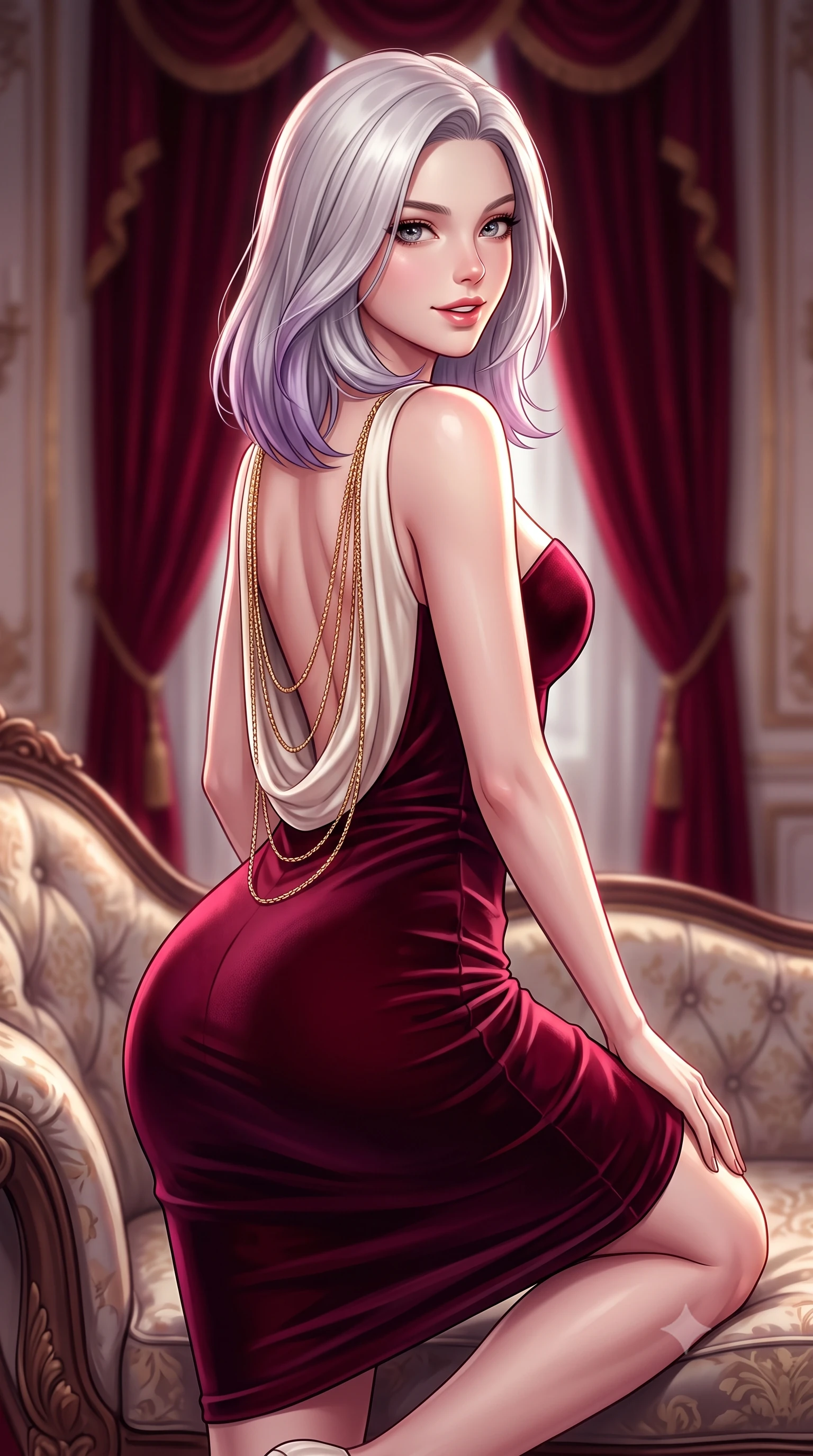 score_9, masterpiece, best quality, ultra-detailed, high-budget anime keyframe, semi-realistic 3D game render, editorial fashion photography, tasteful artistic composition, Caucasian woman. close-up cowboy shot from the waist and thighs up, the character dominates the composition, filling the frame with her large presence. perched sideways on the lounge seat, one knee drawn up to showcase her slender leg line while her arched back accentuates her feminine hip curve while posing in an alluring rear three-quarter angle with hips cocked back, glancing over her shoulder with an enchanting, parted-lip smile. The background shows a soft-focus deep crimson velvet portieres softened in aristocratic imperial state apartment shallow focus. She has an exceptionally elegant, slender, and willowy female figure with an ultra-slim waist, flat toned midriff, narrow ribcage, and sculpted feminine hips creating an alluring, slim hourglass silhouette without bulk. sharp v-shaped jawline, high-bridge nose, intricate jewel-like sparkling eyes with depth, thick eyelashes, glossy parted lips with a natural peach sheen, bright cheerful beaming smile with an enchanting and coquettish sensual glint, exuding both youthful cute charm and seductive allure, flawlessly proportioned anatomical accuracy, strict slender model proportions, natural body alignment, perfectly sculpted long slender limbs, ultra-slim waistline, clean dynamic posture without body distortion. wearing a body-contouring dense bandage knit pencil dress with sweetheart neckline in Belvedere ivory pearl and Habsburg bordeaux wine, tailored from ultra-plush silk velvet with rich tactile depth and deep shadow gradients, accented with an open-back drape framed by falling strands of delicate gold chains, the glove-like clinging cut tightly following the natural contour of her hips and long slender legs with youthful 8.5-heads elegance. illuminated by mirror specular reflections and sharp rose-gold rim lights sculpting her features, flat midriff, and slender waist. highly saturated vibrant anime colors, detailed shading with soft gradients, rich glossy textures, high-contrast stereoscopic depth, volumetric dynamic lighting, master piece, 9:16 ratio