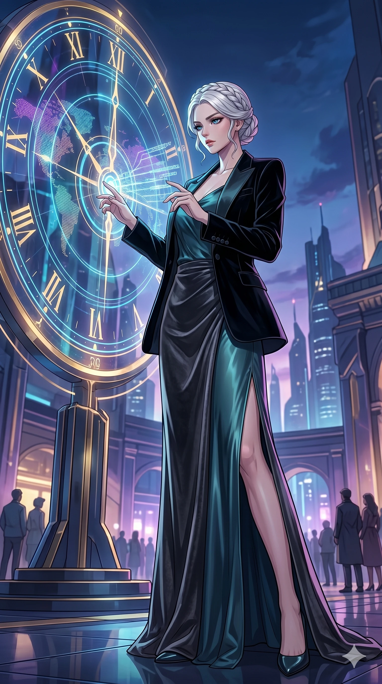 score_9, masterpiece, best quality, ultra-detailed, high-budget anime movie keyframe, cinematic anime lighting, intricate line art, Korean woman. Dynamic full-body shot stretching the vertical silhouette with extreme perspective. interfacing with a giant holographic world clock in a plaza. She has an absolutely perfect 8-heads proportion, an exceptionally tall and slender female figure with graceful and slender proportions. strictly human anatomy, two legs only, no extra limbs, clearly defined legs and arms, perfect anatomy, perfect hands and fingers. sharp v-shaped jawline, high-bridge nose, intricate jewel-like eyes, thick eyelashes, glossy lips. Wearing High-Fashion Editorial: Silk slip dress with elegant side slit, backless velvet gown, and structured blazer over a coordinated top. The scene is illuminated by dramatic atmospheric lighting and vibrant color palettes. , 2k, ultra detail, master piece, 9:16 ratio