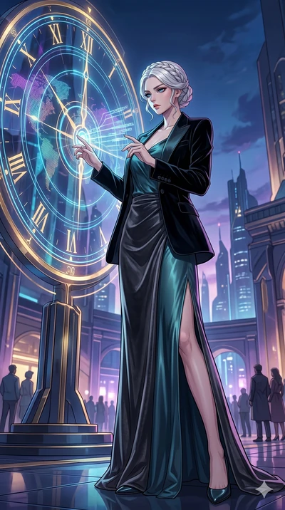 score_9, masterpiece, best quality, ultra-detailed, high-budget anime movie keyframe, cinematic anime lighting, intricate line art, Korean woman. Dynamic full-body shot stretching the vertical silhouette with extreme perspective. interfacing with a g