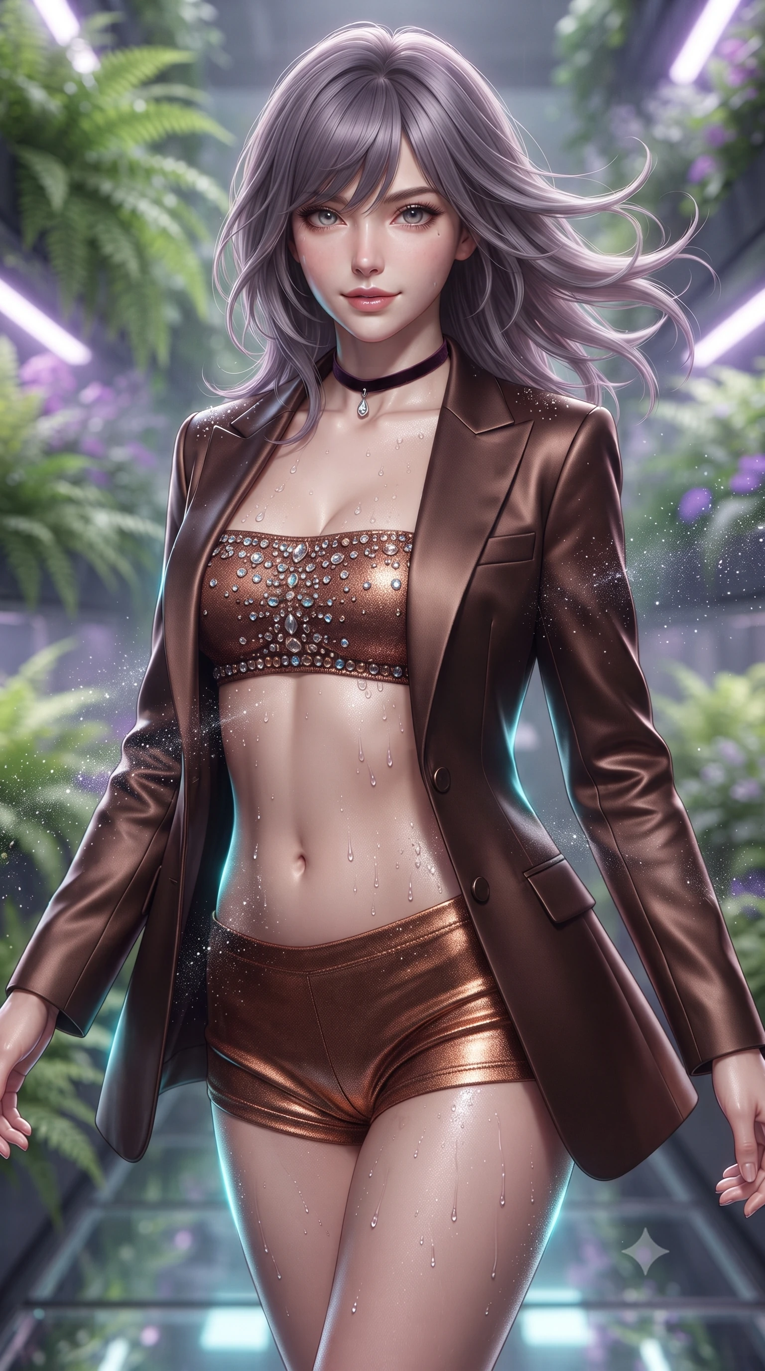 score_9, masterpiece, best quality, ultra-detailed, high-budget anime keyframe, editorial fashion photography, tasteful artistic composition, Japanese woman. close-up cowboy shot from the waist and thighs up, the character dominates the composition, filling the frame with her large presence. turning slowly with an enchanting smoldering smile, her glossy hair tossing in the breeze as her hips angle gracefully in a captivating contrapposto while twisting her slender torso in an alluring S-curve, mist nozzles spraying fine dewdrops across her bare shoulders, midriff, and hips. The background shows a soft-focus multi-story living vertical gardens with lush ferns, pulsed ultraviolet grow-lights, and misty air blurred into chartreuse, violet, and silver bokeh. She has an exceptionally elegant, slender, and willowy female figure with an ultra-slim waist, flat toned midriff, narrow ribcage, and sculpted feminine hips creating an alluring, slim hourglass silhouette without bulk. sharp v-shaped jawline, high-bridge nose, sparkling eyes with hypnotic seductive depth, thick curled eyelashes, glossy parted lips with a natural dewy peach sheen, alluring bedroom-eyes with an enchanting coquettish smile, exuding magnetic siren charisma and sophisticated glamour, flawlessly proportioned anatomical accuracy, strict slender model proportions, natural body alignment, perfectly sculpted long slender limbs, ultra-slim waistline, clean dynamic posture without body distortion. wearing a tailored open-front satin smoking jacket worn over a jewel-embellished bandeau and micro-shorts in sultry espresso bronze and metallic copper, crafted from fluid liquid silk satin that clings smoothly to every curve with a dewy sheen, finished with a thin velvet ribbon choker and a single teardrop diamond pendant, the liquid-tight tailored fabric clinging flawlessly to her narrow waist and rounded feminine hips, emphasizing every millimeter of her sculpted slim hourglass curves without any bulky heaviness. illuminated by glass floor reflection fill and sharp electric-cyan rim lights defining her delicate clavicles, ultra-slim waist, and curvy hips. ultra-reflective glossy finish, specular highlights, rich textural contrasts, high-contrast stereoscopic depth, volumetric dynamic lighting, 2k, ultra detail, master piece, 9:16 ratio