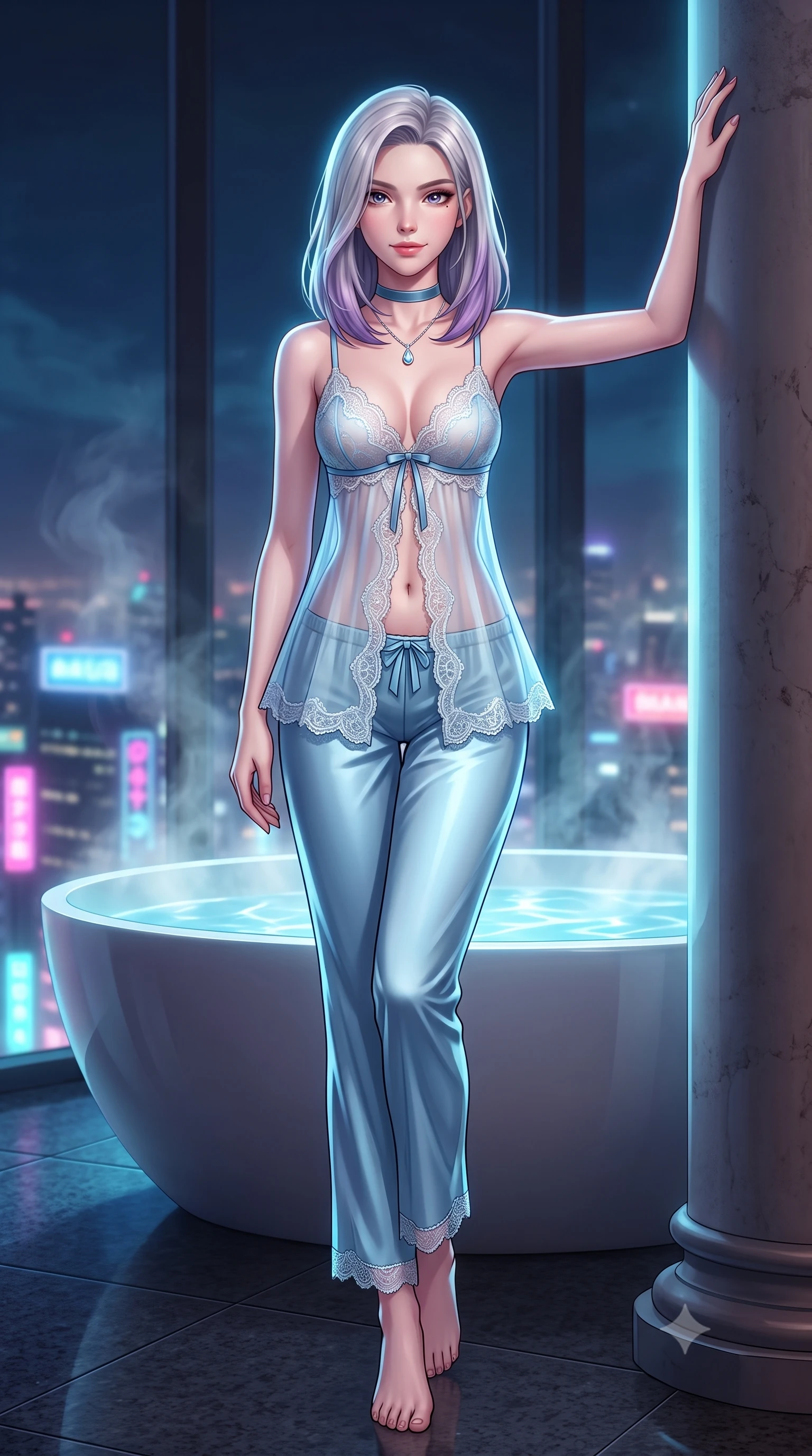 score_9, masterpiece, best quality, ultra-detailed, high-budget anime keyframe, semi-realistic 3D game render, editorial fashion photography, tasteful artistic composition, Caucasian woman. low angle full-body shot from head to toe showing her feet, filling the entire 9:16 vertical frame with her statuesque presence, stretching her vertical silhouette. standing tall beside the architectural column, one hand resting high while arching her lower back to emphasize her sculpted feminine hips and slender waist while standing poised on the heated dark granite floor beside the freestanding circular soaking tub 90 floors above the city, arching her lower back with breathtaking siren poise as neon mist swirls below. The background shows a soft-focus rising thermal bath steam softened in ultra-futuristic skyscraper sanctuary shallow focus. She has an exceptionally tall and slender model-like 8.5-heads proportion, an ultra-slim waist, a flat toned midriff, narrow delicate ribcage, and beautifully sculpted feminine hips creating a graceful, slim hourglass silhouette without any bulky heaviness, with impossibly long slender legs. sharp v-shaped jawline, high-bridge nose, intricate jewel-like sparkling eyes with depth, thick eyelashes, glossy parted lips with a natural peach sheen, bright cheerful beaming smile with an enchanting and coquettish sensual glint, exuding both youthful cute charm and seductive allure, flawlessly proportioned anatomical accuracy, strict slender model proportions, natural body alignment, perfectly sculpted long slender limbs, ultra-slim waistline, clean dynamic posture without body distortion. wearing a delicate sheer lace babydoll camisole paired with matching satin tap pants with scalloped eyelash lace trim in Tromsø icy arctic blue and frosted platinum, made of sheer gossamer chiffon that drapes softly against skin with airy translucence, finished with a thin velvet ribbon choker and a single teardrop diamond pendant, the glove-like clinging cut tightly following the natural contour of her hips and long slender legs with youthful 8.5-heads elegance. illuminated by tub water caustics bounce and sharp platinum-cyan rim lights sculpting her jawline, narrow waist, and curvy hips. highly saturated vibrant anime colors, detailed shading with soft gradients, rich glossy textures, high-contrast stereoscopic depth, volumetric dynamic lighting, master piece, 9:16 ratio