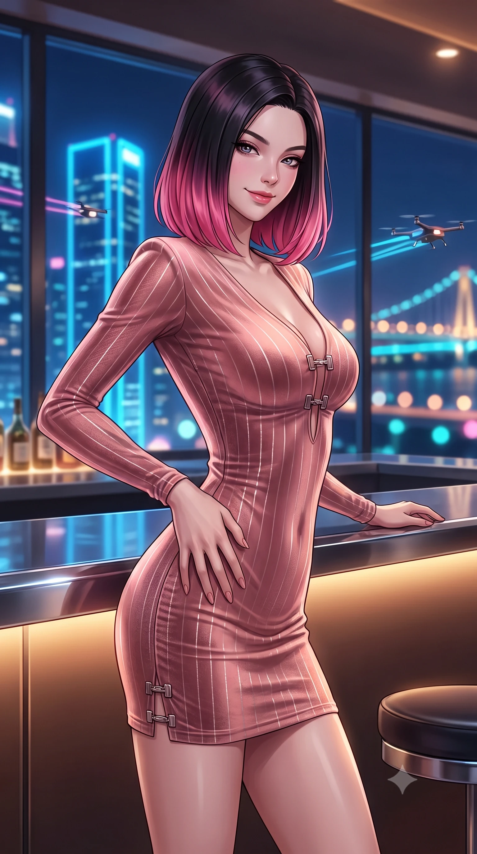 score_9, masterpiece, best quality, ultra-detailed, high-budget anime keyframe, editorial fashion photography, tasteful artistic composition, Korean woman. close-up cowboy shot from the waist and thighs up, the character dominates the composition, filling the frame with her large presence. tilting her head with a teasing half-smile, running one hand slowly down the side of her hip in a flirtatious S-curve as ambient light caresses her silhouette while leaning against the polished chrome bar counter with hips cocked back, looking out through panoramic smart-tint windows with smoldering bedroom-eyes. The background shows a soft-focus infinite sea of neon skyscraper crowns, swarms of delivery drone light trails, and distant Han River bridges blurred into gold, cyan, and rose bokeh. She has an exceptionally elegant, slender, and willowy female figure with an ultra-slim waist, flat toned midriff, narrow ribcage, and sculpted feminine hips creating an alluring, slim hourglass silhouette without bulk. sharp v-shaped jawline, high-bridge nose, intricate jewel-like sparkling eyes with depth, thick eyelashes, glossy parted lips with a natural peach sheen, bright cheerful beaming smile with an enchanting and coquettish sensual glint, exuding both youthful cute charm and seductive allure, flawlessly proportioned anatomical accuracy, strict slender model proportions, natural body alignment, perfectly sculpted long slender limbs, ultra-slim waistline, clean dynamic posture without body distortion. wearing a tailored velvet bodycon dress with metallic fiber pinstripes following her statuesque 8.5-heads silhouette in Solaris liquid rose-quartz and alien peach, woven from structured carbon-fiber jacquard with rich textural depth, finished with sleek magnetic buckle closures fluttering in the breeze, the form-contouring silhouette accentuating her sculpted flat midriff, narrow delicate ribcage, and gracefully curvy hips with intoxicating allure. bathed in warm 2700K ambient bar cove lighting paired with cool electric-blue skyscraper panorama radiance. ultra-reflective glossy finish, specular highlights, rich textural contrasts, high-contrast stereoscopic depth, volumetric dynamic lighting, 2k, ultra detail, master piece, 9:16 ratio