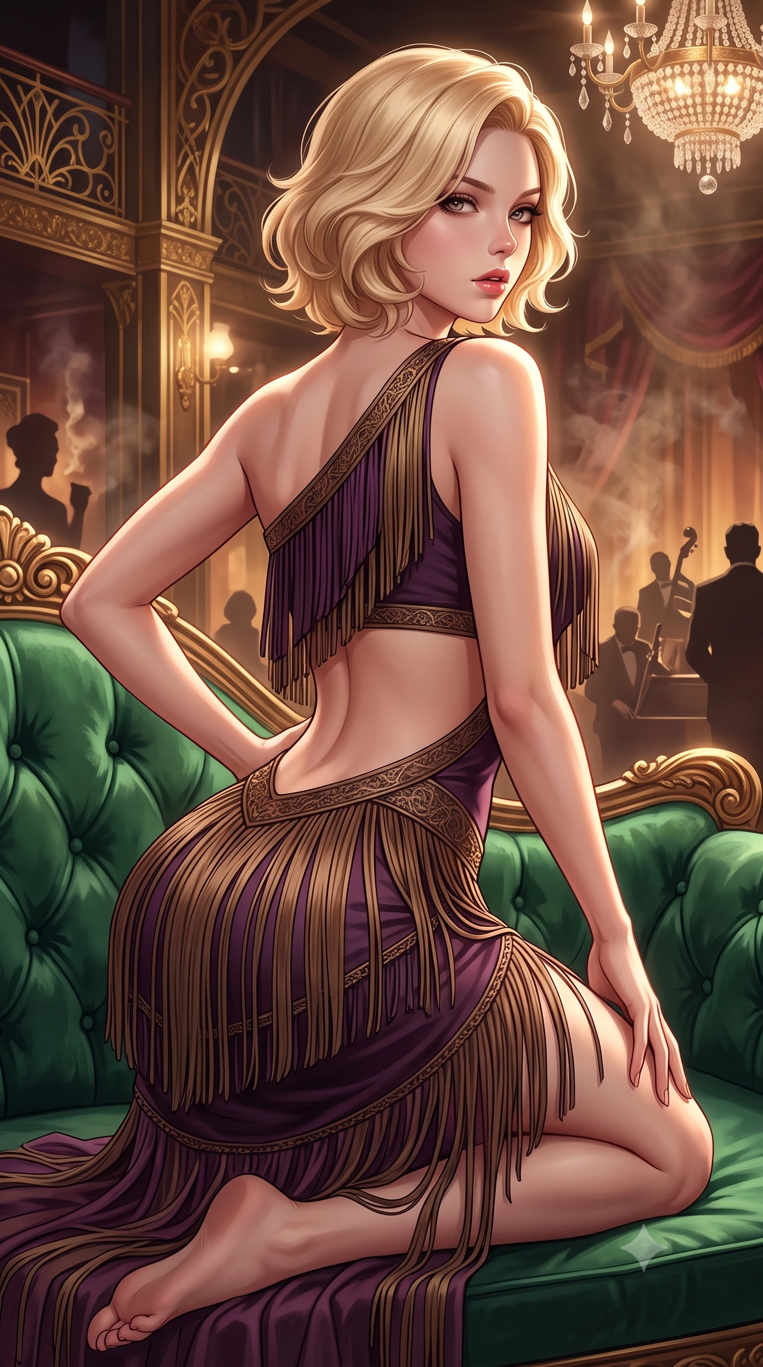 score_9, masterpiece, best quality, ultra-detailed, high-budget anime keyframe, semi-realistic 3D game render, editorial fashion photography, tasteful artistic composition, Caucasian woman. close-up cowboy shot from the waist and thighs up, the character dominates the composition, filling the frame with her large presence. posing in an alluring rear three-quarter angle, arching her lower back in a pronounced S-curve with one hand on her hip, glancing seductively over her bare shoulder with parted glossy lips while reclining on a plush velvet chaise lounge with one knee drawn up, smoldering eyes locked onto the viewer with dangerous flapper allure. The surrounding environment is rendered in vivid detail and crisp panoramic clarity. luxurious vintage chiaroscuro and glamorous Great Gatsby nightlife aesthetics rendered with precision. She has an exceptionally elegant, slender, and willowy female figure with an ultra-slim waist, a gracefully sculpted slender torso, toned flat midriff, and rounded feminine hips creating an alluring hourglass silhouette. sharp v-shaped jawline, high-bridge nose, intricate jewel-like eyes with depth, thick eyelashes, glossy parted lips with a natural sheen, intensely captivating and seductive bedroom-eyes expression, flawlessly proportioned anatomical accuracy, strict slender model proportions, natural body alignment, perfectly sculpted long slender limbs, ultra-slim waistline, clean dynamic posture without body distortion. wearing an asymmetric one-shoulder fringe flapper dress with an exposed midriff cutout in deep plum violet and antique bronze, woven from airy multi-layered silk chiffon with tiered fringe tassels, finished with tiered silk fringe tassels that sway with every feminine hip movement, the precision-cut side openings and low-back scoop framing her graceful spine and the sensual sweep of her hips. surrounded by an opulent, scandalous, and irresistibly intoxicating jazz-age siren aura. highly saturated vibrant anime colors, detailed shading with soft gradients, rich glossy textures, high-contrast stereoscopic depth, volumetric dynamic lighting, master piece, 9:16 ratio