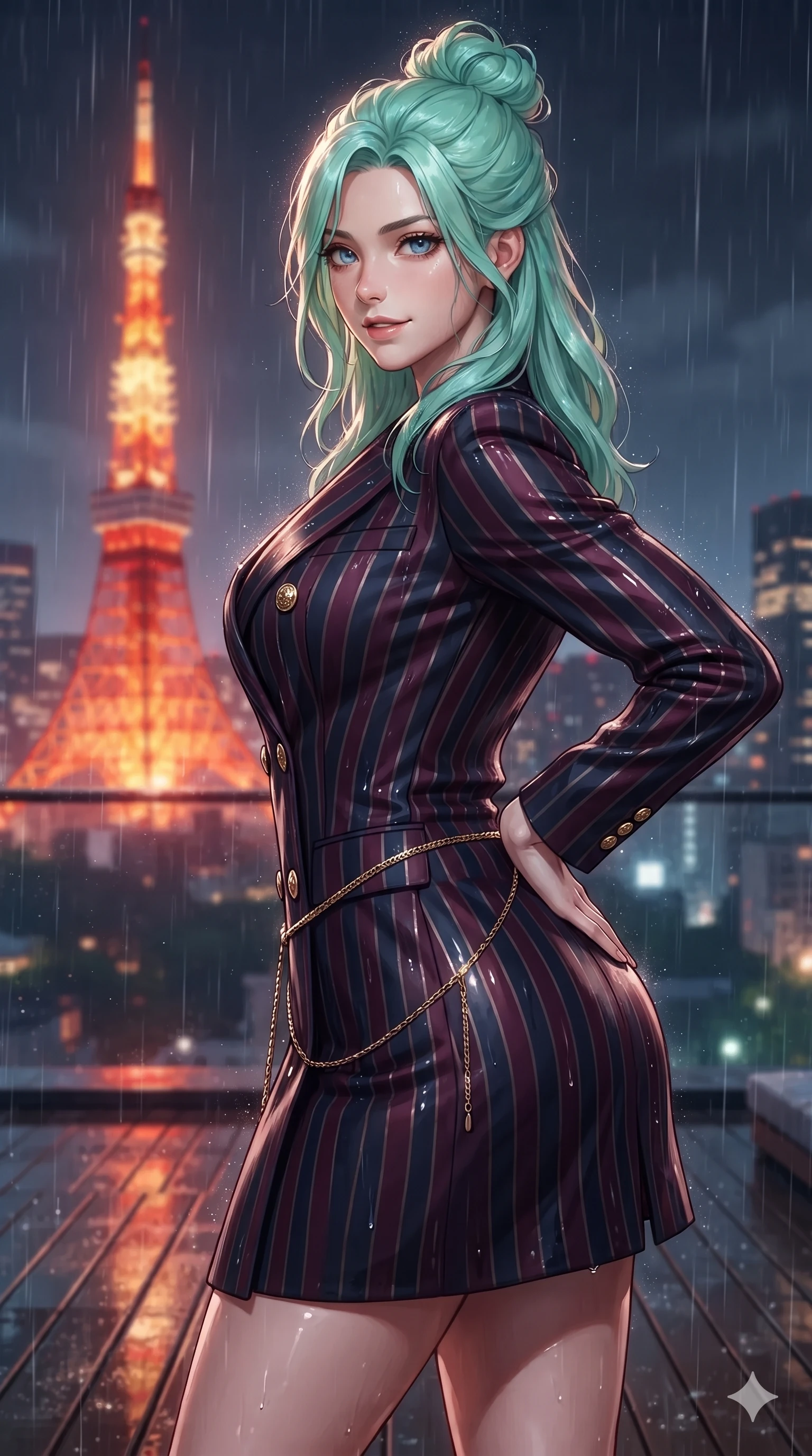 score_9, masterpiece, best quality, ultra-detailed, high-budget anime keyframe, editorial fashion photography, tasteful artistic composition, Japanese woman. close-up cowboy shot from the waist and thighs up, the character dominates the composition, filling the frame with her large presence. pausing beside an illuminated luxury boutique window with hips cocked back, glancing back with an enchanting, dangerous smile through falling rain while standing poised on the high teak terrace, one hand on her hip as she arches her lower back against the glowing Tokyo Tower skyline. The background shows a soft-focus panoramic Tokyo skyline at midnight softened in penthouse rooftop shallow focus. She has an exceptionally elegant, slender, and willowy female figure with an ultra-slim waist, flat toned midriff, narrow ribcage, and sculpted feminine hips creating an alluring, slim hourglass silhouette without bulk. sharp v-shaped jawline, high-bridge nose, intricate jewel-like dark sparkling eyes with dangerous depth, thick curled eyelashes, glossy parted lips with a rich wine sheen, smoldering seductive half-smile with bedroom-eyes, exuding effortless superiority and intoxicating dark allure, flawlessly proportioned anatomical accuracy, strict slender model proportions, natural body alignment, perfectly sculpted long slender limbs, ultra-slim waistline, clean dynamic posture without body distortion. wearing an aristocratic double-breasted midnight blazer dress with metallic pinstripes and crested buttons in deep wine burgundy and lustrous gold foil, tailored from heavy double-faced silk georgette with an exceptionally fluid drape, finished with a delicate gold snake chain belt resting loosely across her curvy hips, the bespoke structured tailoring following the natural line of her 8.5-heads silhouette with refined elegance. bathed in the warm radiant scarlet and orange glow of Tokyo Tower contrasted with deep midnight navy skies. ultra-reflective glossy finish, specular highlights, rich textural contrasts, high-contrast stereoscopic depth, volumetric dynamic lighting, 2k, ultra detail, master piece, 9:16 ratio
