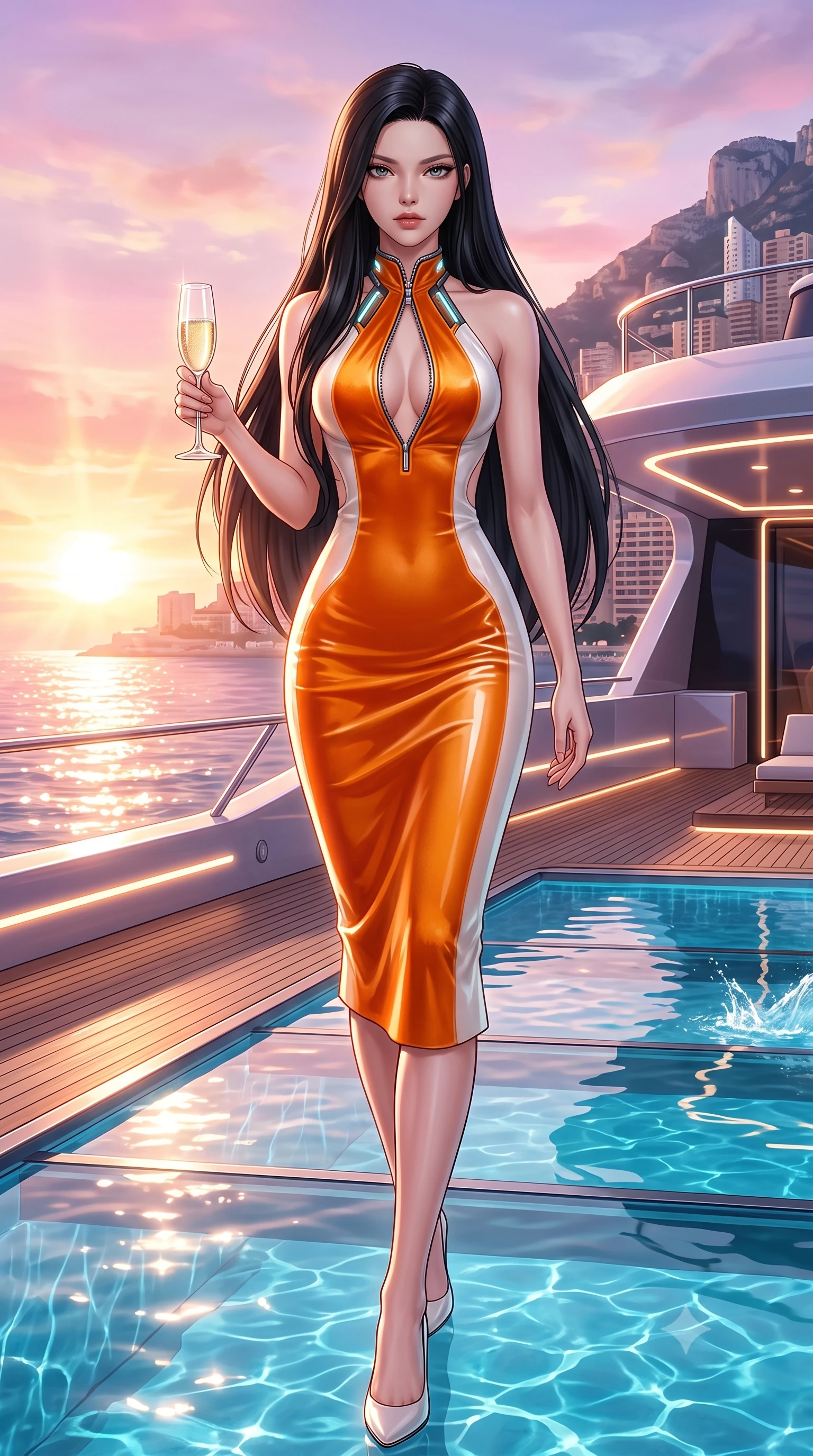score_9, masterpiece, best quality, ultra-detailed, high-budget anime keyframe, semi-realistic 3D game render, editorial fashion photography, tasteful artistic composition, Korean woman. low angle full-body shot from head to toe showing her feet, filling the entire 9:16 vertical frame with her statuesque presence, stretching her vertical silhouette. striding forward in a proud, statuesque motion with a dangerous smolder, her vertical silhouette dominating the frame from head to toe while pivoting dynamically near the yacht's glass-bottom pool with a champagne flute in hand under a glowing pastel sky. The surrounding environment is rendered in vivid detail and crisp panoramic clarity. sharp Monaco hillside architecture, glowing yacht LED lighting strips, and sunset sky in high clarity. She has an absolutely perfect, statuesque 8.5-heads proportion, an exceptionally tall and slender model-like female figure with impossibly long slender legs, a toned flat midriff, and an ultra-slim waist. sharp v-shaped jawline, high-bridge nose, intricate jewel-like eyes with depth, thick eyelashes, glossy lips with a natural sheen, flawlessly proportioned anatomical accuracy, strict slender model proportions, natural body alignment, perfectly sculpted long slender limbs, ultra-slim waistline, clean dynamic posture without body distortion. wearing a velvet halter-neck midi dress fitting her statuesque contour flawlessly with a Tasteful chest slit and open spine in vivid sunset amber orange and cloud white, crafted from ultra-reflective second-skin latex with a high-gloss glass-like polish, featuring a dangerously unzipped neckline framed by glowing cybernetic accents, the sleek second-skin cut tightly hugging her graceful clavicle, narrow waist, and feminine curves with athletic precision. bathed in warm rose-gold sunset sunbeams and sparkling ocean surface reflections. highly saturated vibrant anime colors, detailed shading with soft gradients, rich glossy textures, high-contrast stereoscopic depth, volumetric dynamic lighting, master piece, 9:16 ratio