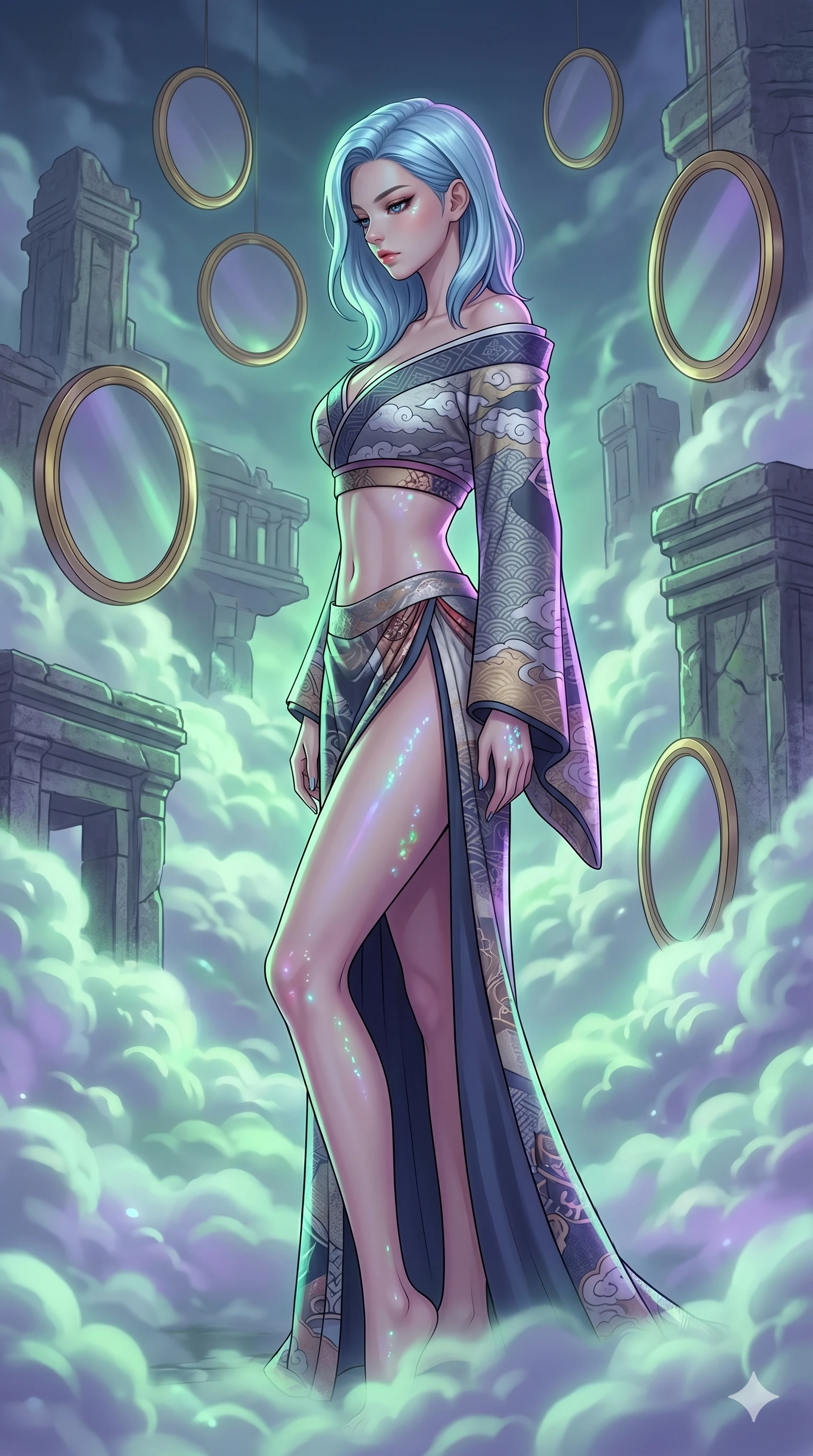 score_9, masterpiece, best quality, ultra-detailed, high-budget anime keyframe, editorial fashion photography, tasteful artistic composition, Korean woman. cowboy shot from the thighs up, character and outfit filling the frame for maximum editorial presence. standing in a sharp profile pose, looking down with a cool, composed expression in a surreal cloud temple with floating gold-rimmed circular mirrors (Code-P18-083). She has an absolutely perfect 8-heads proportion, an exceptionally tall and slender female figure with impossibly long slender legs and an ultra-slim waist. V-shaped jawline, high-bridge nose, intricate jewel-like eyes with depth, thick eyelashes, glossy lips with a natural sheen. wearing a fusion kimono with an exposed midriff and high slit skirt. soft green and violet bioluminescent ambient light, creating a mystical, glowing atmosphere. 2k, ultra detail, master piece, 9:16 ratio