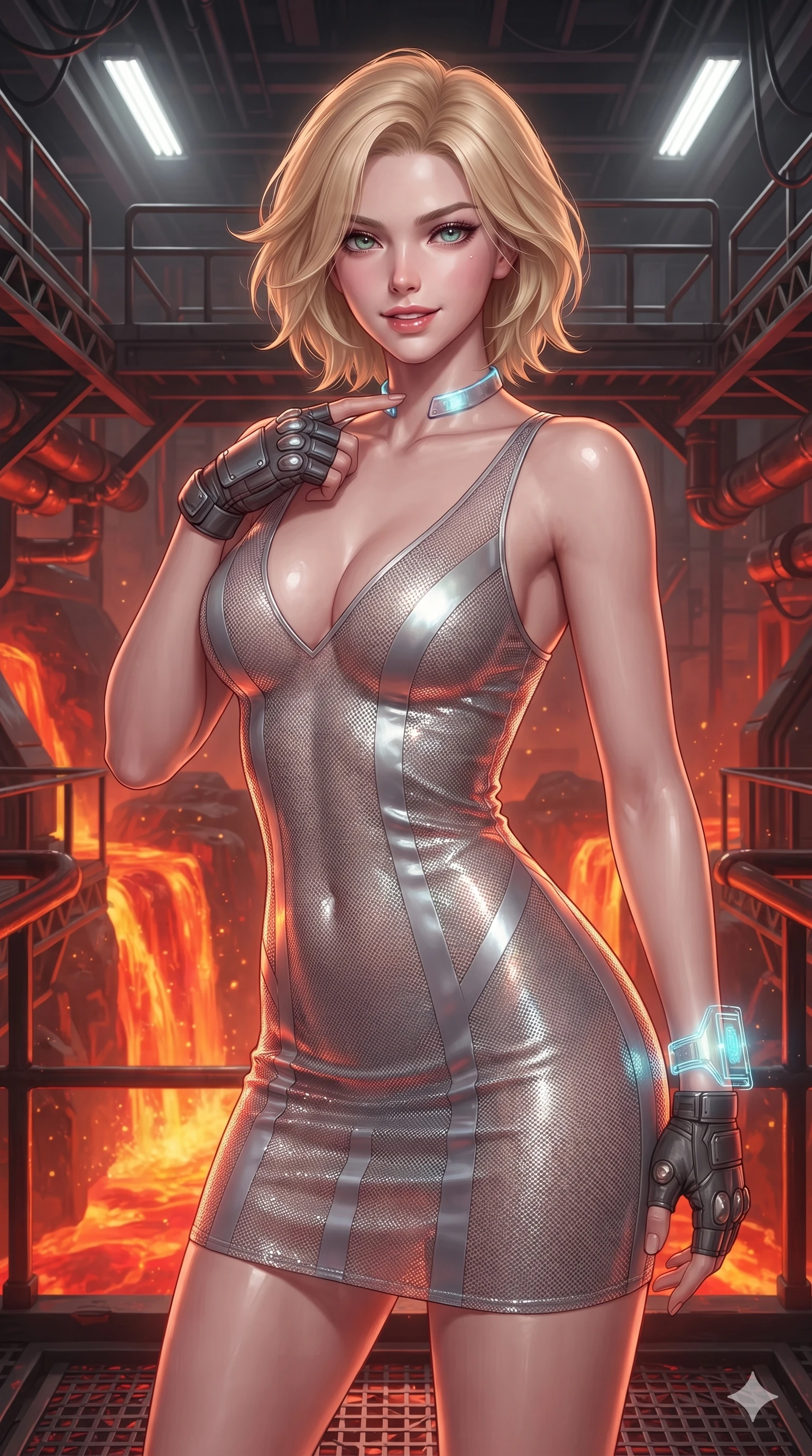 score_9, masterpiece, best quality, ultra-detailed, high-budget anime keyframe, editorial fashion photography, tasteful artistic composition, Caucasian woman. close-up cowboy shot from the waist and thighs up, the character dominates the composition, filling the frame with her large presence. tilting her head with a teasing half-smile, running one finger slowly along her glowing comm-link collar in a flirtatious gesture while twisting her slender torso in an alluring contrapposto, fiery magma reflections painting glowing crimson and gold lines along her narrow waist and hips. The surrounding environment is rendered in vivid detail and crisp panoramic clarity: sharp heat-treated titanium truss bolts, textured non-slip gantry plates, and glowing thermal pipe fittings in deep focus. She has an exceptionally elegant, slender, and willowy female figure with an ultra-slim waist, flat toned midriff, narrow ribcage, and sculpted feminine hips creating an alluring, slim hourglass silhouette without bulk. sharp v-shaped jawline, high-bridge nose, intricate jewel-like sparkling eyes with depth, thick eyelashes, glossy parted lips with a natural sheen, bright confident smile with an enchanting and coquettish sensual glint, exuding both youthful magnetic charm and sovereign high-tech allure, flawlessly proportioned anatomical accuracy, strict slender model proportions, natural body alignment, perfectly sculpted long slender limbs, ultra-slim waistline, clean dynamic posture without body distortion. wearing a plunge-front sheer illusion technical mesh slip dress with liquid platinum ribbon stripes hugging her curves in reflective liquid mercury and matte phantom grey, crafted from stretch micro-mesh with liquid foil coating that shimmers with every movement, complemented by fingerless armored tactical gloves and a glowing holographic wrist terminal, the impeccably tailored cut draping gracefully along her slender figure with aristocratic poise. bathed in the radiant 2000K upward glow of the cascading magma river combined with overhead industrial quartz worklights. ultra-reflective glossy finish, specular highlights, rich textural contrasts, high-contrast stereoscopic depth, volumetric dynamic lighting, 2k, ultra detail, master piece, 9:16 ratio