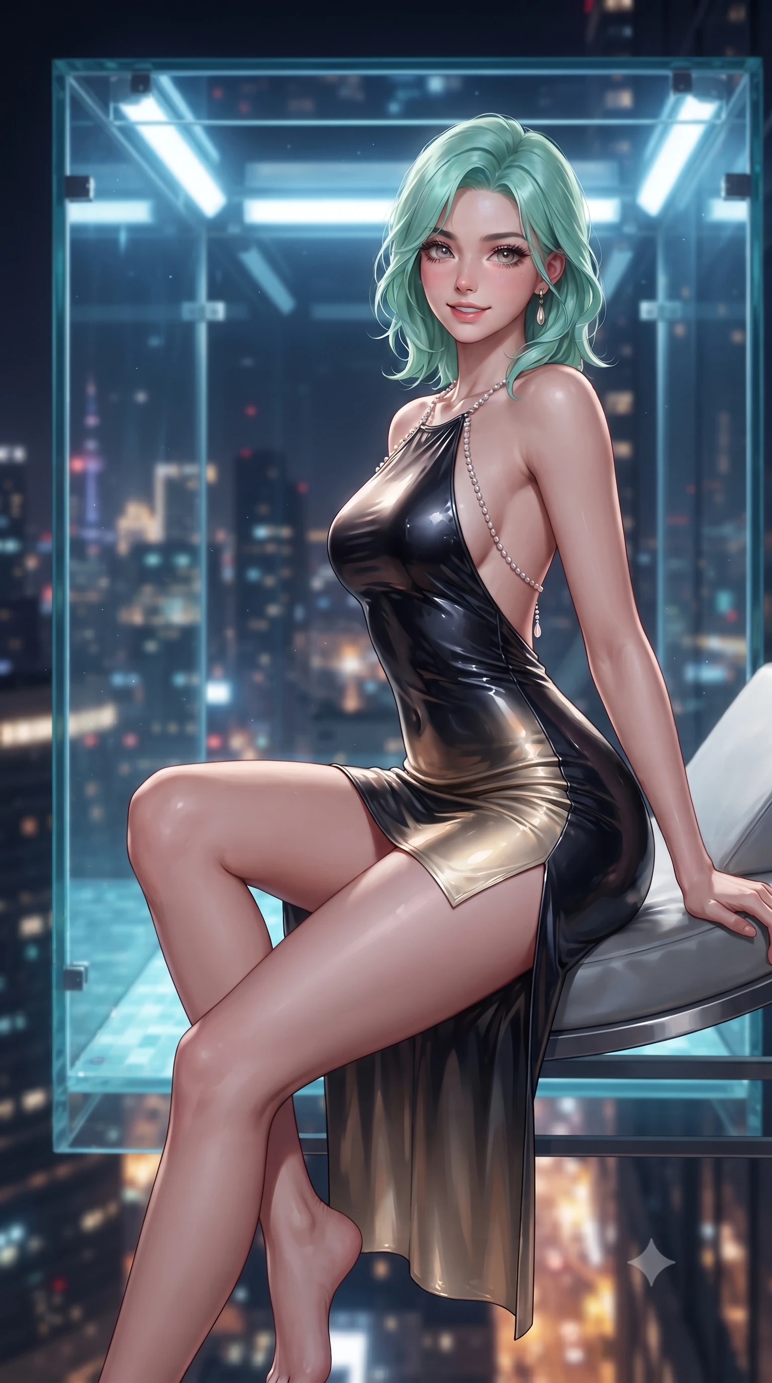 score_9, masterpiece, best quality, ultra-detailed, high-budget anime keyframe, editorial fashion photography, tasteful artistic composition, Japanese woman. close-up cowboy shot from the waist and thighs up, the character dominates the composition, filling the frame with her large presence. perched sideways on the lounge seat, one knee drawn up to showcase her slender leg line while her arched back accentuates her feminine hip curve while standing centered in the fully transparent glass swimming cube suspended outside the skyscraper, arching her back with breathtaking daring. The background shows a soft-focus acrylic swimming cube structural brackets softened in dizzying architectural shallow focus. She has an exceptionally elegant, slender, and willowy female figure with an ultra-slim waist, flat toned midriff, narrow ribcage, and sculpted feminine hips creating an alluring, slim hourglass silhouette without bulk. sharp v-shaped jawline, high-bridge nose, sparkling eyes with hypnotic seductive depth, thick curled eyelashes, glossy parted lips with a natural dewy peach sheen, alluring bedroom-eyes with an enchanting coquettish smile, exuding magnetic siren charisma and sophisticated glamour, flawlessly proportioned anatomical accuracy, strict slender model proportions, natural body alignment, perfectly sculpted long slender limbs, ultra-slim waistline, clean dynamic posture without body distortion. wearing a slinky backless halterneck column mini dress in shimmering liquid vinyl clinging like a second skin in midnight obsidian black and liquid champagne gold, crafted from fluid liquid silk satin that clings smoothly to every curve with a dewy sheen, accented with a pearl-drop body harness subtly framing her dewy collarbones and spine, the glove-like clinging cut tightly following the natural contour of her hips and long slender legs with youthful 8.5-heads elegance. bathed in crisp underwater pool lighting paired with upward metropolitan light pollution fill. ultra-reflective glossy finish, specular highlights, rich textural contrasts, high-contrast stereoscopic depth, volumetric dynamic lighting, 2k, ultra detail, master piece, 9:16 ratio