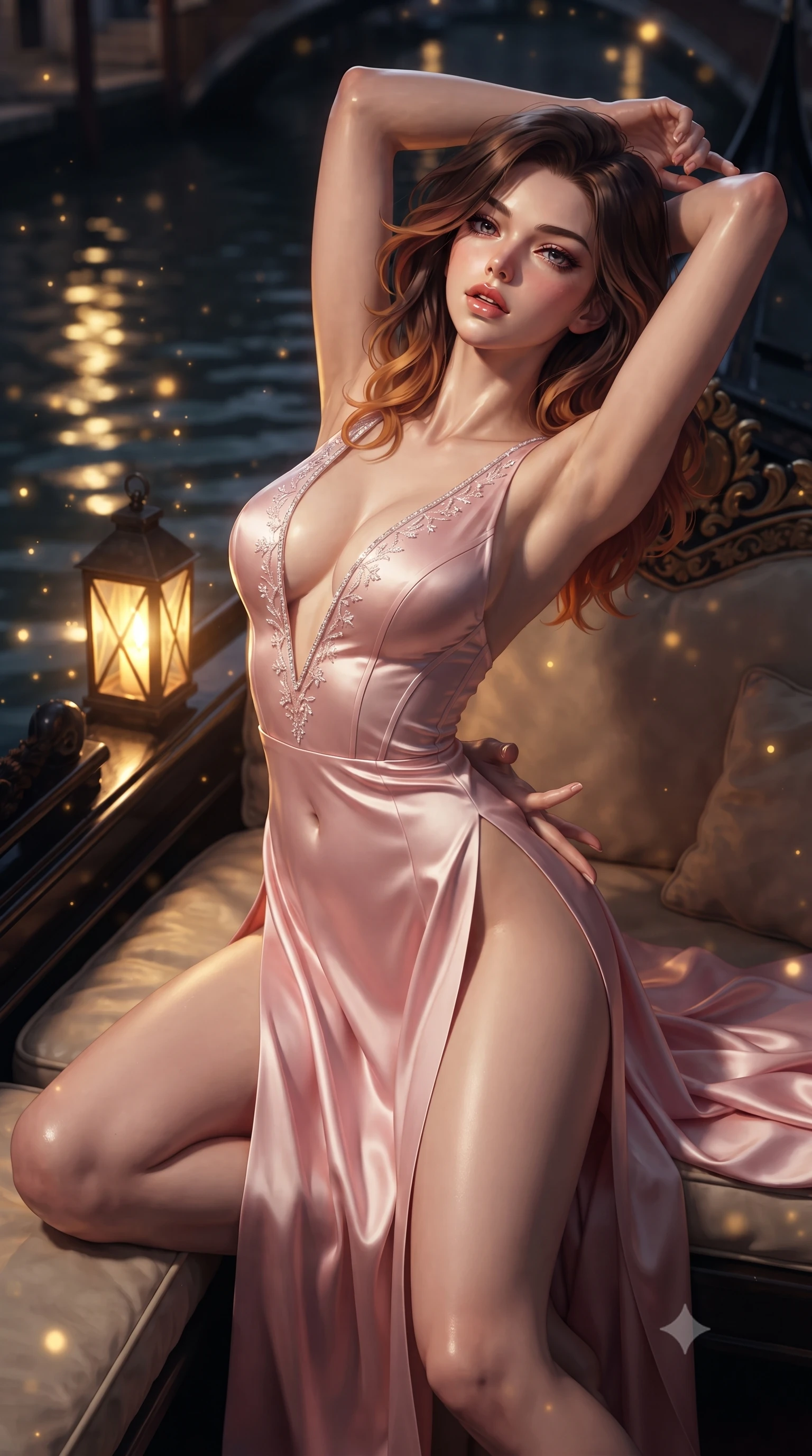 score_9, masterpiece, best quality, ultra-detailed, high-budget anime keyframe, editorial fashion photography, tasteful artistic composition, Korean woman. close-up cowboy shot from the waist and thighs up, the character dominates the composition, filling the frame with her large presence. arching her spine backward with effortless dancer poise, one hand sliding along her hip line as directional light carves specular highlights along her silhouette while stretching languidly on the gondola daybed with hands raised behind her head, parted glossy lips reflecting flickering lantern glow. The composition keeps background elements in soft focus with creamy bokeh. gondola lantern reflections and water ripple sparkles scattering radiant golden light motes. She has an exceptionally elegant, slender, and willowy female figure with an ultra-slim waist, flat toned midriff, narrow ribcage, and sculpted feminine hips creating an alluring, slim hourglass silhouette without bulk. sharp v-shaped jawline, high-bridge nose, intricate jewel-like eyes with depth, thick eyelashes, glossy parted lips with a natural sheen, intensely captivating and seductive bedroom-eyes expression, flawlessly proportioned anatomical accuracy, strict slender model proportions, natural body alignment, perfectly sculpted long slender limbs, ultra-slim waistline, clean dynamic posture without body distortion. wearing a plunging-V neckline duchess satin gown with high side slits ascending to the high hip in sakura blossom pink and warm ivory, made of fluid silk crepe with delicate inner corsetry boning, finished with delicate crystal frost embroidery tracing the plunging neckline, the second-skin form-contouring cut accentuating her sculpted flat midriff, narrow delicate ribcage, and gracefully curvy hips with supermodel precision. illuminated by crisp specular highlights defining her slender neckline, ultra-slim waist, and curvy hips. ultra-reflective glossy finish, specular highlights, rich textural contrasts, high-contrast stereoscopic depth, volumetric dynamic lighting, 2k, ultra detail, master piece, 9:16 ratio