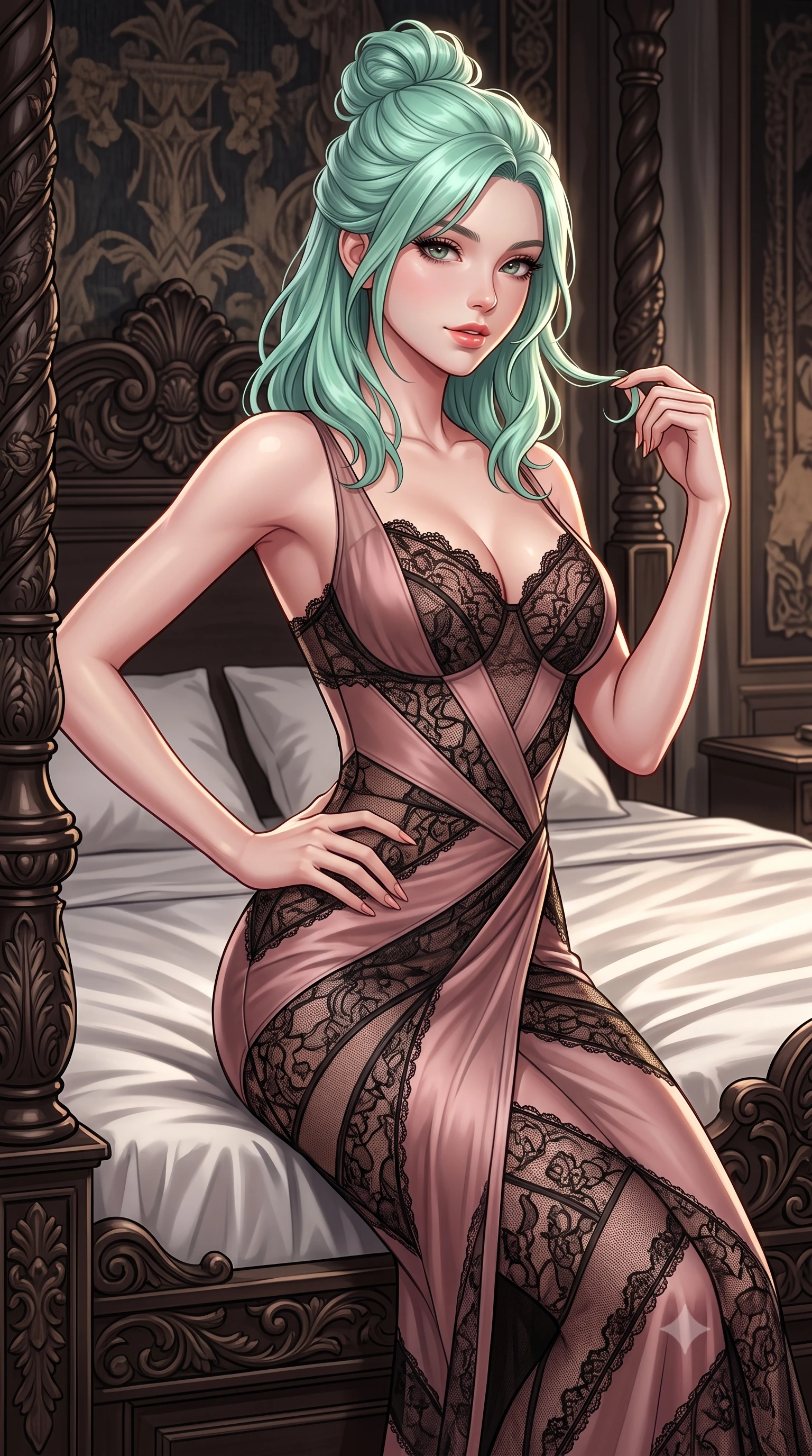 score_9, masterpiece, best quality, ultra-detailed, high-budget anime keyframe, semi-realistic 3D game render, editorial fashion photography, tasteful artistic composition, Japanese woman. close-up cowboy shot from the waist and thighs up, the character dominates the composition, filling the frame with her large presence. twisting her slender torso in an alluring contrapposto stance, one hand resting on her sculpted hip while her fingers toy with her hair with effortless poise while sitting perched on the edge of the antique carved four-poster bed with hips cocked back, looking over her shoulder with an intoxicating smile. The surrounding environment is rendered in vivid detail and crisp panoramic clarity: sharp silk bedsheet creases, carved ebony bedpost reliefs, and gothic wall tapestry threads in deep focus. She has an exceptionally elegant, slender, and willowy female figure with an ultra-slim waist, flat toned midriff, narrow ribcage, and sculpted feminine hips creating an alluring, slim hourglass silhouette without bulk. sharp v-shaped jawline, high-bridge nose, sparkling eyes with hypnotic seductive depth, thick curled eyelashes, glossy parted lips with a natural dewy peach sheen, alluring bedroom-eyes with an enchanting coquettish smile, exuding magnetic siren charisma and sophisticated glamour, flawlessly proportioned anatomical accuracy, strict slender model proportions, natural body alignment, perfectly sculpted long slender limbs, ultra-slim waistline, clean dynamic posture without body distortion. wearing a provocative sheer illusion mesh column gown with opaque geometric panels strategically hugging her curves in dusky blush rose and antique black lace, woven from buttery-soft stretch lambskin leather adhering to her body like a second skin, finished with scalloped eyelash lace trim framing her sweetheart neckline with intimate elegance, the high-slit wrap tailoring accentuating her ultra-slim waistline and the enchanting curve of her feminine hips with alluring seductive charm. illuminated by silk bedding reflection fill and sharp platinum-gold rim lights defining her collarbones, narrow waist, and curvy hips. highly saturated vibrant anime colors, detailed shading with soft gradients, rich glossy textures, high-contrast stereoscopic depth, volumetric dynamic lighting, master piece, 9:16 ratio