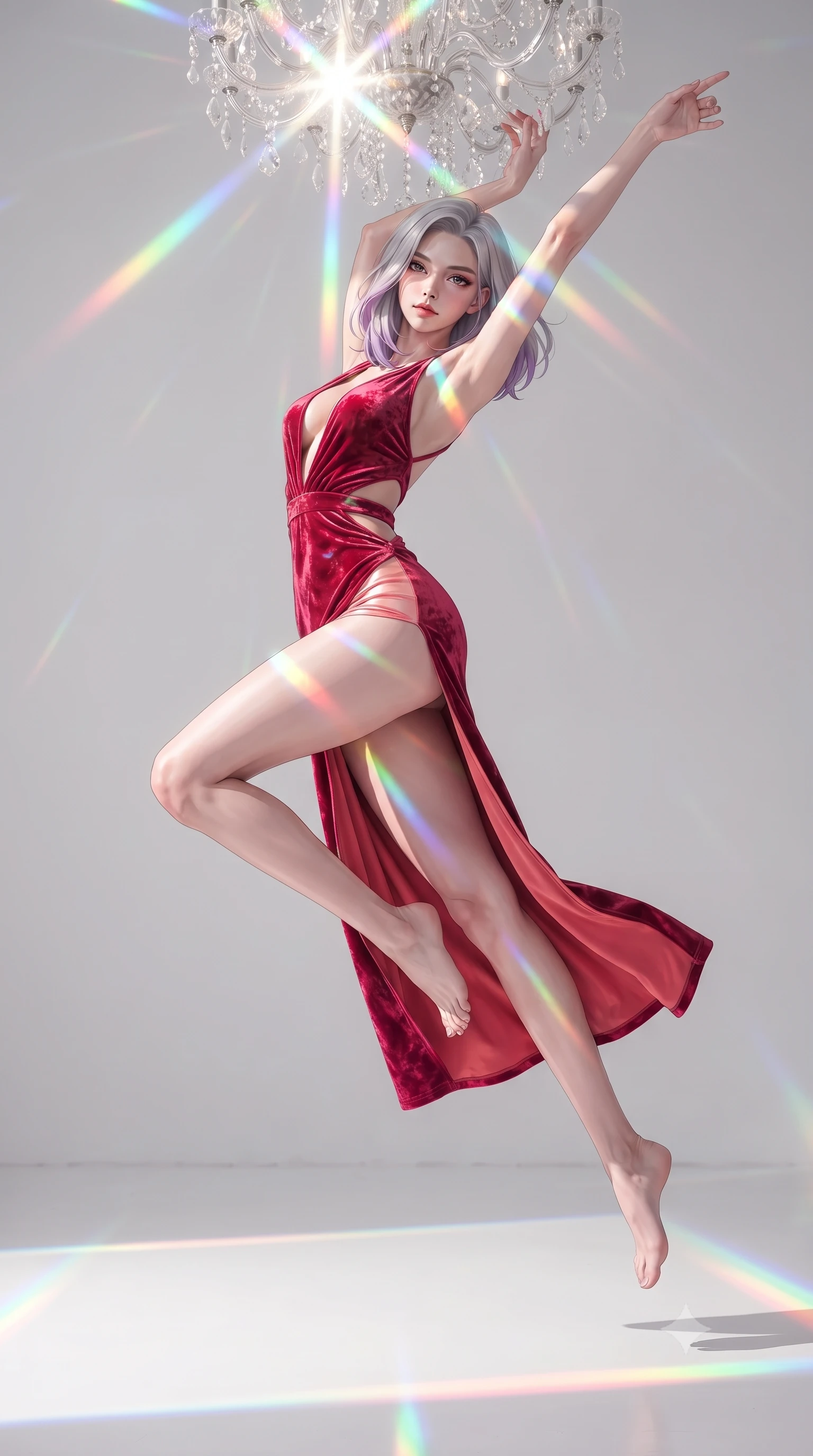 score_9, masterpiece, best quality, ultra-detailed, high-budget anime keyframe, editorial fashion photography, tasteful artistic composition, Caucasian woman. low angle full-body shot from head to toe showing her feet, filling the entire 9:16 vertical frame with her statuesque presence, stretching her vertical silhouette. leaping through mid-air with an athletic yet alluring arch of her spine, her impossibly long slender legs stretched in flawless poise while pausing beneath a crystal chandelier refracting sunlight into dazzling rainbow rays across her skin. The surrounding environment is rendered in vivid detail and crisp panoramic clarity. razor-sharp optical crystal prism facets, distinct rainbow light band borders, and white gallery floor in deep focus. She has an absolutely perfect, statuesque 8.5-heads proportion, an exceptionally tall and slender model-like female figure with impossibly long slender legs, a toned flat midriff, and an ultra-slim waist. sharp v-shaped jawline, high-bridge nose, intricate jewel-like eyes with depth, thick eyelashes, glossy lips with a natural sheen, flawlessly proportioned anatomical accuracy, strict slender model proportions, natural body alignment, perfectly sculpted long slender limbs, ultra-slim waistline, clean dynamic posture without body distortion. wearing a backless crimson crushed velvet gown with a deep plunging V-neckline, strategic hip cutouts, and an ultra-high thigh slit in radiant coral pink and champagne ivory, made of liquid metal jersey that clings flawlessly to every contour of her build, complemented by criss-cross back straps highlighting her completely bare spine, the form-contouring material adhering flawlessly to her sculpted flat midriff and slender torso, emphasizing her long leg lines and perfectly proportioned willowy build. bathed in brilliant natural white daylight intersected by vivid saturated rainbow prism beams. ultra-reflective glossy finish, specular highlights, metallic sheen, high-contrast stereoscopic depth, volumetric dynamic lighting, 2k, ultra detail, master piece, 9:16 ratio
