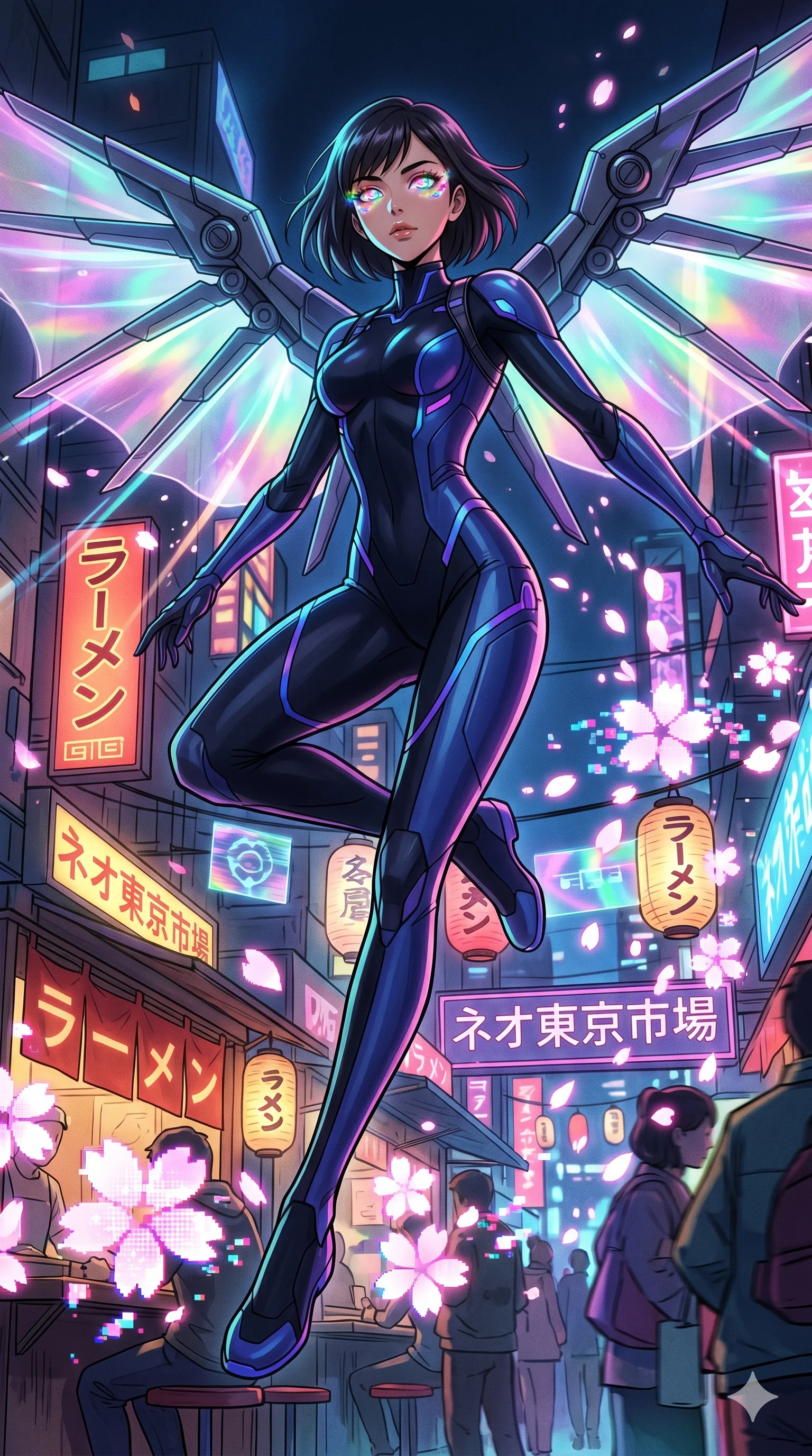 score_9, masterpiece, best quality, ultra-detailed, Set A: High-budget Anime Keyframe, Japanese woman. Low angle cowboy shot filling the entire 9:16 frame with her statuesque presence. Leaping through a futuristic night market, while her eyes glow with 70 different colors and surrounded by digital sakura petals. She has an absolutely perfect 8-heads proportion, an exceptionally tall and slender female figure with impossibly long slender legs and an ultra-slim waist. Sharp v-shaped jawline, high-bridge nose, intricate jewel-like eyes with depth, thick eyelashes, glossy lips with a natural sheen. Wearing Cybernetic wingsuit with glowing wing membranes and a sleek pilot bodysuit. Cinematic lighting, vibrant colors, dramatic shadows, 2k, ultra detail, master piece, 9:16 ratio