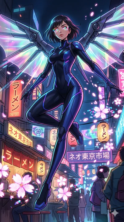 score_9, masterpiece, best quality, ultra-detailed, Set A: High-budget Anime Keyframe, Japanese woman. Low angle cowboy shot filling the entire 9:16 frame with her statuesque presence. Leaping through a futuristic night market, while her eyes glow wi
