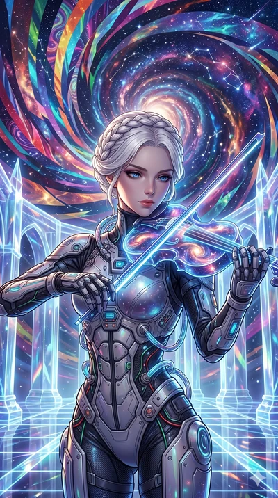 score_9, masterpiece, best quality, ultra-detailed, Set A: High-budget Anime Keyframe, Caucasian (human ears) woman. Upper body close-up from the thighs up, character filling the screen for maximum presence. Theme: Abstract Cosmic. playing a holograp