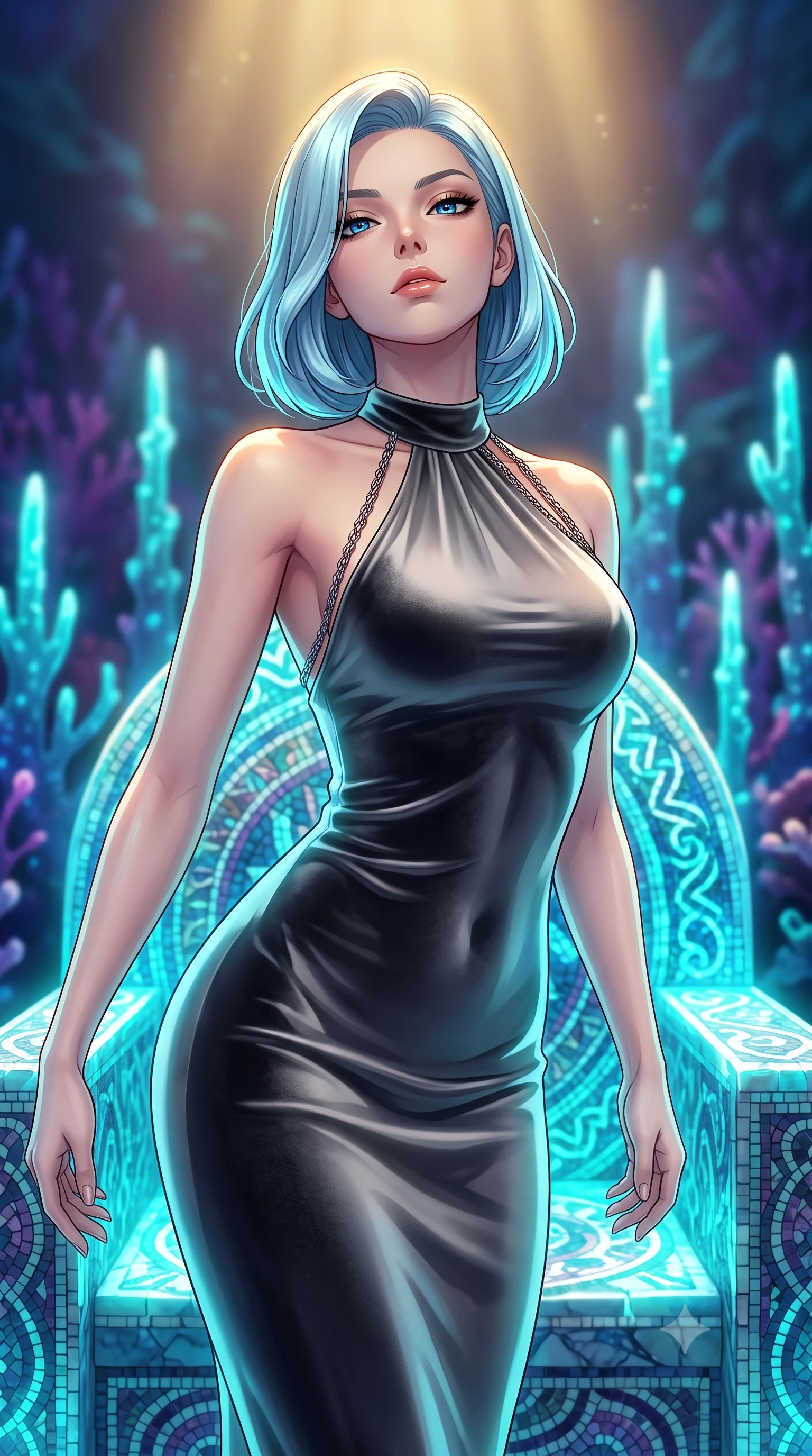 score_9, masterpiece, best quality, ultra-detailed, high-budget anime keyframe, editorial fashion photography, tasteful artistic composition, Korean woman. close-up cowboy shot from the waist and thighs up, the character dominates the composition, filling the frame with her large presence, background elements kept in soft focus. Tilting her chin up with an air of effortless superiority while balancing dynamically amidst the scene while pivoting her torso in a fluid S-curve alignment over a submerged mosaic marble throne, glowing aqua coral spires emitting pulsing luminescence in the background. She has an exceptionally elegant, slender, and willowy female figure with an ultra-slim waist, a gracefully sculpted slender torso, and a refined silhouette. sharp v-shaped jawline, high-bridge nose, intricate jewel-like eyes with depth, thick eyelashes, glossy lips with a natural sheen, flawlessly proportioned anatomical accuracy, natural body alignment, perfectly sculpted elegant limbs, clean dynamic posture without body distortion. wearing a velvet halter-neck midi dress following her form like a glove in charcoal grey and platinum, crafted from smooth liquid silk, adorned with delicate metallic chain straps along the neckline, the glove-like fit emphasizing her statuesque silhouette during motion. illuminated by deep sea bioluminescence and warm golden top lighting. highly saturated vibrant anime colors, detailed shading with soft gradients, rich glossy textures, high-contrast stereoscopic depth, volumetric dynamic lighting, master piece, 9:16 ratio