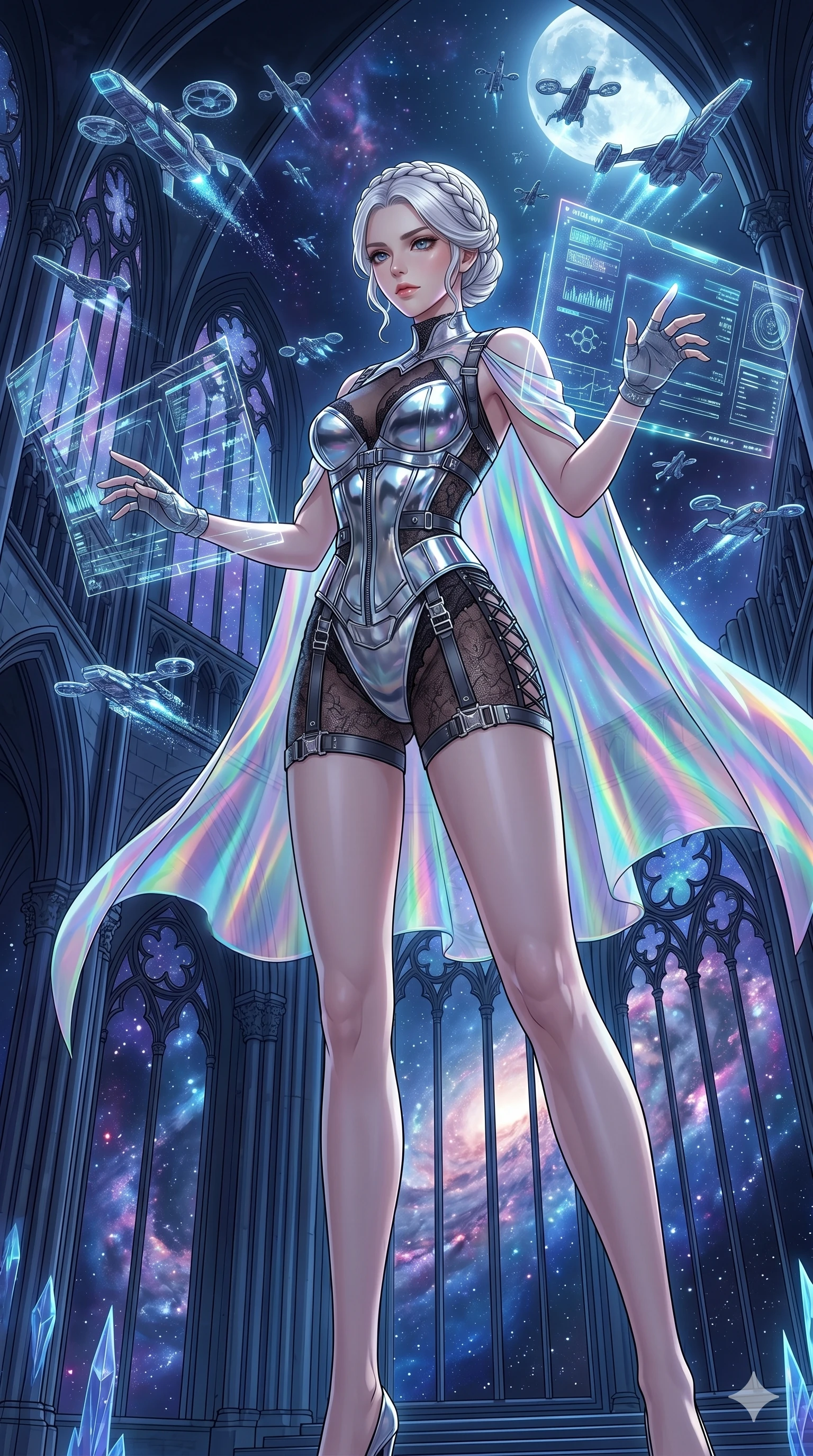 score_9, masterpiece, best quality, ultra-detailed, High-budget Anime Keyframe, vibrant colors, fluid line-art, expressive lighting, cinematic composition, Ufotable-style visual effects, top-tier animation quality, Korean woman with idol-like refined features. Wide-angle low shot emphasizing her impossibly long slender legs and commanding stature. Commanding a massive fleet of holographic drones within a high-security data center, her fingers dancing across invisible interfaces. She has an absolutely perfect 8-heads proportion, an exceptionally tall and slender female figure with impossibly long slender legs and an ultra-slim waist, her statuesque height and towering silhouette dominating the vertical 9:16 frame. Her face is a masterpiece featuring a sharp v-shaped jawline, high-bridge nose, intricate jewel-like eyes with depth, thick eyelashes, and glossy lips with a natural sheen. She is wearing a Chrome-plated corset over a sheer lace base with tactical straps and metallic buckles crafted from Holographic chiffon that changes color with every movement, creating a rainbow effect, featuring a elegant neckline and delicate lace-up side details. The scene is set in a majestic gothic cathedral in deep space with massive windows overlooking a swirling nebula, illuminated by ethereal moonlight filtering through a crystalline canopy, creating soft highlights. 2k, ultra detail, master piece, 9:16 ratio