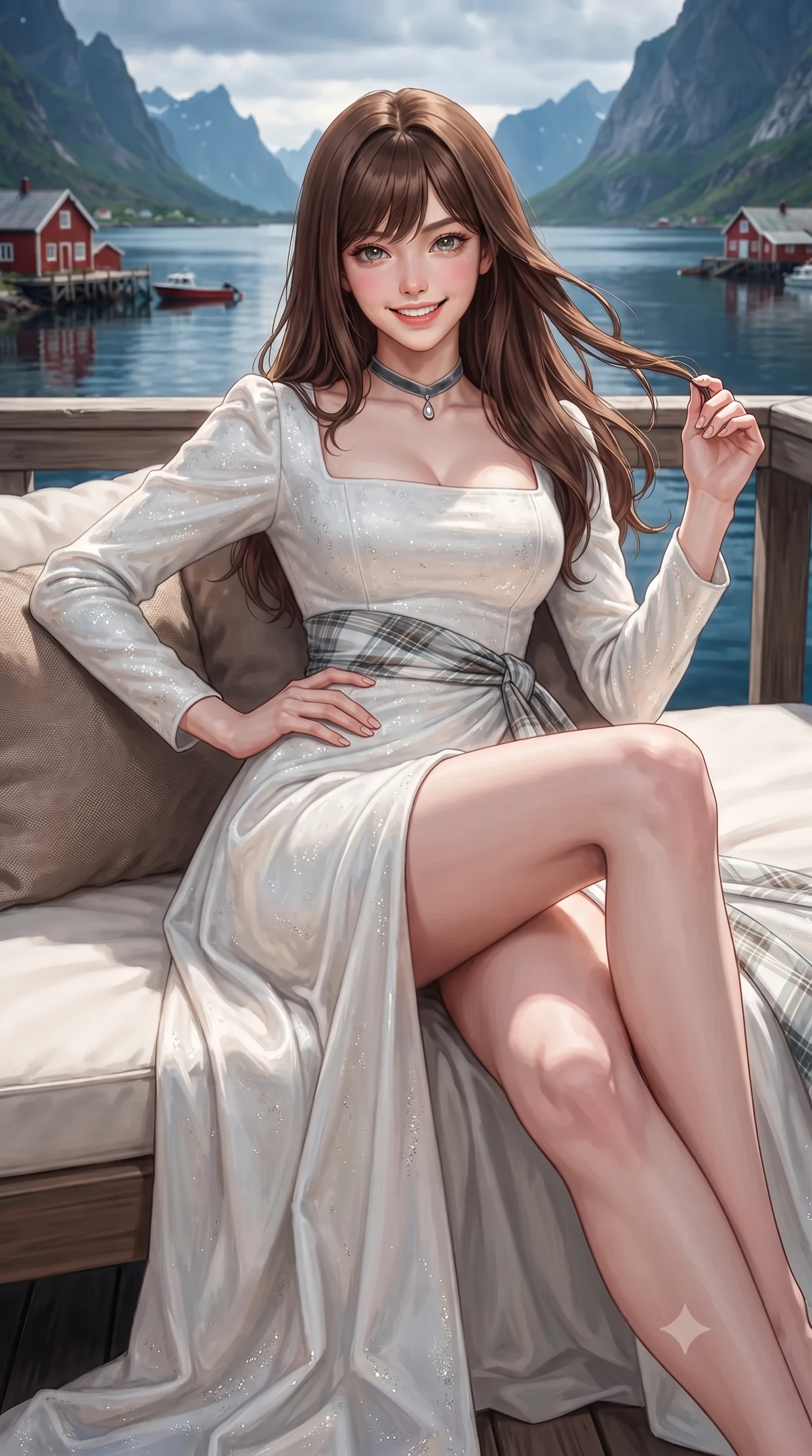 score_9, masterpiece, best quality, ultra-detailed, high-budget anime keyframe, editorial fashion photography, tasteful artistic composition, Korean woman. close-up cowboy shot from the waist and thighs up, the character dominates the composition, filling the frame with her large presence. twisting her slender torso in an alluring contrapposto stance, one hand resting on her sculpted hip while her fingers toy with her hair with effortless poise while lounging in the outdoor daybed propped on one elbow with legs extended, displaying her long slender limbs and statuesque hourglass silhouette against the Arctic panorama. The surrounding environment is rendered in vivid detail and crisp panoramic clarity: sharp pine deck wood grain, traditional vermilion rorbu timber paint texture, and crystal-clear Arctic water reflections in deep focus. She has an exceptionally elegant, slender, and willowy female figure with an ultra-slim waist, flat toned midriff, narrow ribcage, and sculpted feminine hips creating an alluring, slim hourglass silhouette without bulk. sharp v-shaped jawline, high-bridge nose, intricate jewel-like sparkling eyes with depth, thick eyelashes, glossy parted lips with a natural peach sheen, bright cheerful beaming smile with an enchanting and coquettish sensual glint, exuding both youthful cute charm and seductive allure, flawlessly proportioned anatomical accuracy, strict slender model proportions, natural body alignment, perfectly sculpted long slender limbs, ultra-slim waistline, clean dynamic posture without body distortion. wearing a classical Scottish Victorian velvet evening gown with modest square neckline and tartan sash in pure translucent crystal white and liquid platinum, woven from structured British tweed with subtle metallic flecks, finished with a thin velvet ribbon choker and a single teardrop diamond pendant, the bespoke structured tailoring following the natural line of her 8.5-heads silhouette with refined elegance. illuminated by fjord water specular bounce and sharp gold-emerald dual rim lights sculpting her razor-sharp jawline, narrow waist, and curvy hips. ultra-reflective glossy finish, specular highlights, rich textural contrasts, high-contrast stereoscopic depth, volumetric dynamic lighting, 2k, ultra detail, master piece, 9:16 ratio