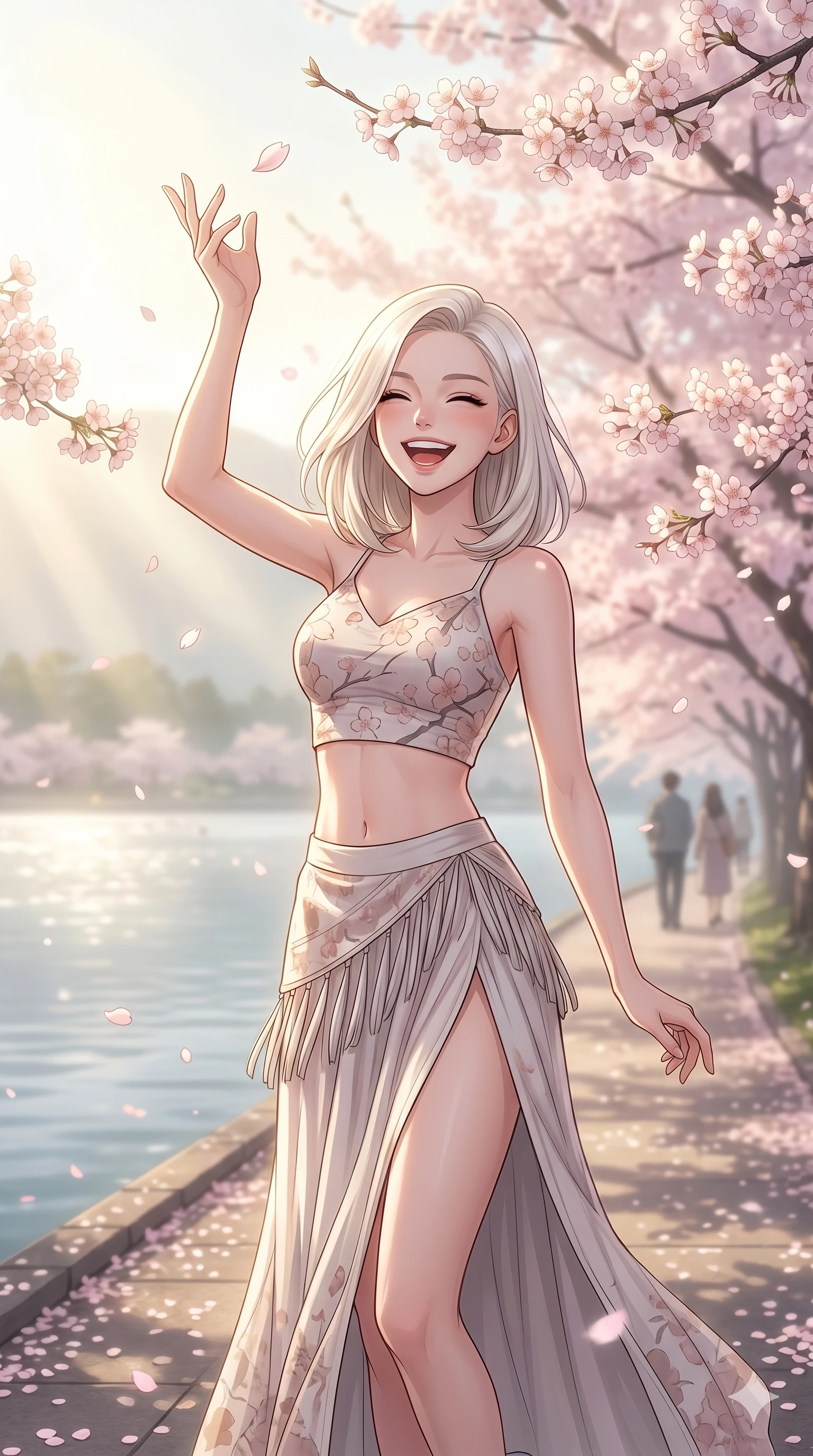 score_9, masterpiece, best quality, ultra-detailed, high-budget anime keyframe, vibrant anime aesthetic, Caucasian woman, strictly human ears. cowboy shot from the thighs up, character and outfit filling the frame for maximum presence. She is tossing a flower petal with a happy laugh, her face glowing with delight by a scenic lakeside promenade in cherry bloom (Code-P20-104). She has an absolutely perfect 8-heads proportion, an exceptionally tall and slender female figure with impossibly long slender legs and an ultra-slim waist. V-shaped jawline, high-bridge nose, intricate jewel-like eyes with depth, thick eyelashes, glossy lips with a natural sheen. wearing a crop top with exposed midriff and high-slit skirt. She is bathed in soft morning sunbeams filtered through the garden mist, creating a serene aura. 2k, ultra detail, master piece, 9:16 ratio