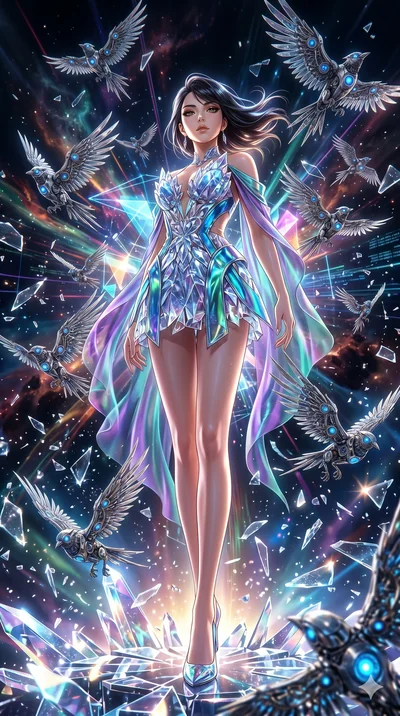 score_9, masterpiece, best quality, ultra-detailed, Set A: High-budget Anime Keyframe, Japanese woman. Low angle cowboy shot filling the entire 9:16 frame with her statuesque presence. Standing victoriously through a virtual reality void, surrounded 