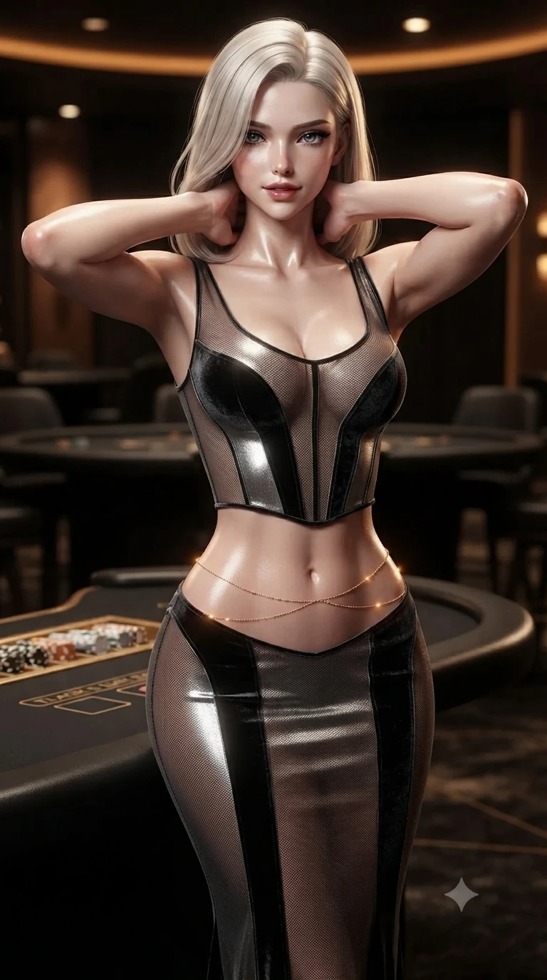score_9, masterpiece, best quality, ultra-detailed, high-budget anime keyframe, editorial fashion photography, tasteful artistic composition, Caucasian woman. close-up cowboy shot from the waist and thighs up, the character dominates the composition, filling the frame with her large presence. resting both hands lightly behind her neck with elbows raised, arching her spine to highlight her narrow waist and flat midriff while twisting her slender torso in an alluring contrapposto stance beside the titanium chip rack, warm amber pin-spots tracing her flat midriff and hips. The background shows a soft-focus exclusive underground high-stakes salon softened in luxury gaming shallow focus. She has an exceptionally elegant, slender, and willowy female figure with an ultra-slim waist, flat toned midriff, narrow ribcage, and sculpted feminine hips creating an alluring, slim hourglass silhouette without bulk. sharp v-shaped jawline, high-bridge nose, intricate jewel-like dark sparkling eyes with hypnotic seductive depth, thick curled eyelashes, glossy parted lips with a natural wine sheen, alluring bedroom-eyes with an enigmatic smoldering smile, exuding magnetic sovereign charisma and dark avant-garde glamour, flawlessly proportioned anatomical accuracy, strict slender model proportions, natural body alignment, perfectly sculpted long slender limbs, ultra-slim waistline, clean dynamic posture without body distortion. wearing a sheer-illusion mesh corset gown with strategic opaque velvet panels framing her waist and hips in metallic liquid silver and pitch black, tailored from crushed dark velvet with deep light-absorbing plush texture, accented with a dainty gold belly chain resting across her flat midriff and curving hips, the form-fitting cut adhering flawlessly to her sculpted flat midriff and slender torso, emphasizing her long leg lines and perfectly proportioned willowy build. bathed in warm, focused pin-spot lighting over the black gaming tables contrasted with pitch-black intimate lounge shadows. ultra-reflective glossy finish, specular highlights, metallic sheen, high-contrast stereoscopic depth, volumetric dynamic lighting, 2k, ultra detail, master piece, 9:16 ratio