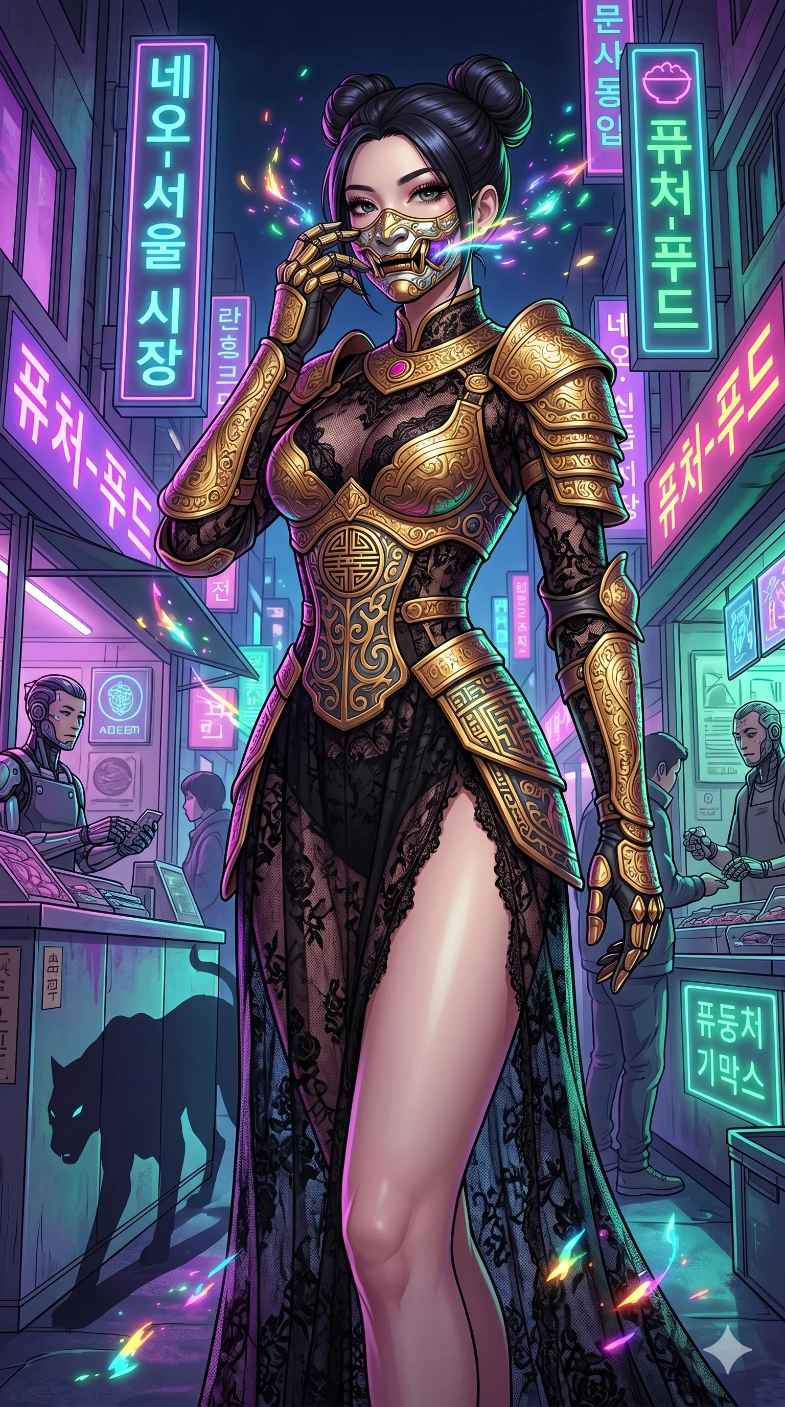 score_9, masterpiece, best quality, ultra-detailed, Set A: High-budget Anime Keyframe, Korean woman. Low angle cowboy shot filling the entire 9:16 frame with her statuesque presence. Adjusting a mask through a neon-lit Neo-Seoul market, while her shadow mimics the movements of a predator 205 and surrounded by glowing energy sparks. She has an absolutely perfect 8-heads proportion, an exceptionally tall and slender female figure with impossibly long slender legs and an ultra-slim waist. Sharp v-shaped jawline, high-bridge nose, intricate jewel-like eyes with depth, thick eyelashes, glossy lips with a natural sheen. Wearing Ornate gold plate armor over a sheer black lace gown with a high-slit. Cinematic lighting, vibrant colors, dramatic shadows, 2k, ultra detail, master piece, 9:16 ratio