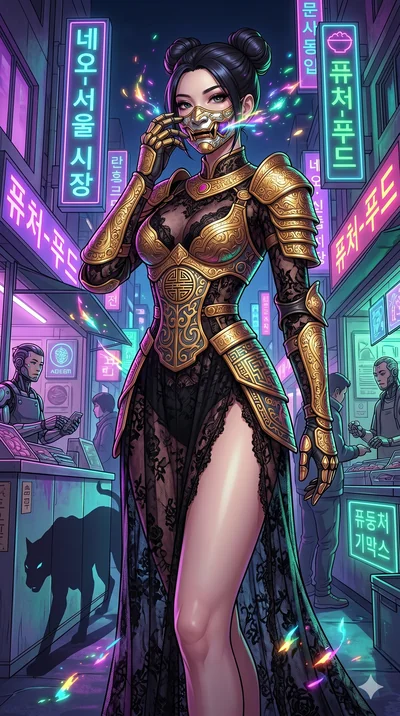 score_9, masterpiece, best quality, ultra-detailed, Set A: High-budget Anime Keyframe, Korean woman. Low angle cowboy shot filling the entire 9:16 frame with her statuesque presence. Adjusting a mask through a neon-lit Neo-Seoul market, while her sha