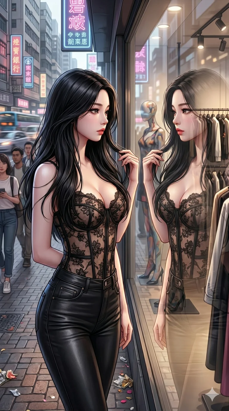 score_9, score_8_up, score_7_up, source_anime, masterpiece, best quality, ultra-detailed, same character with long flowing black hair, wearing a sheer floral lace corset top, upper body close-up from thigh up filling the screen, adjusting her hair while looking at her reflection in a shop window, busy street background, 2k, 9:16 ratio