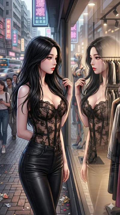 score_9, score_8_up, score_7_up, source_anime, masterpiece, best quality, ultra-detailed, same character with long flowing black hair, wearing a sheer floral lace corset top, upper body close-up from thigh up filling the screen, adjusting her hair wh
