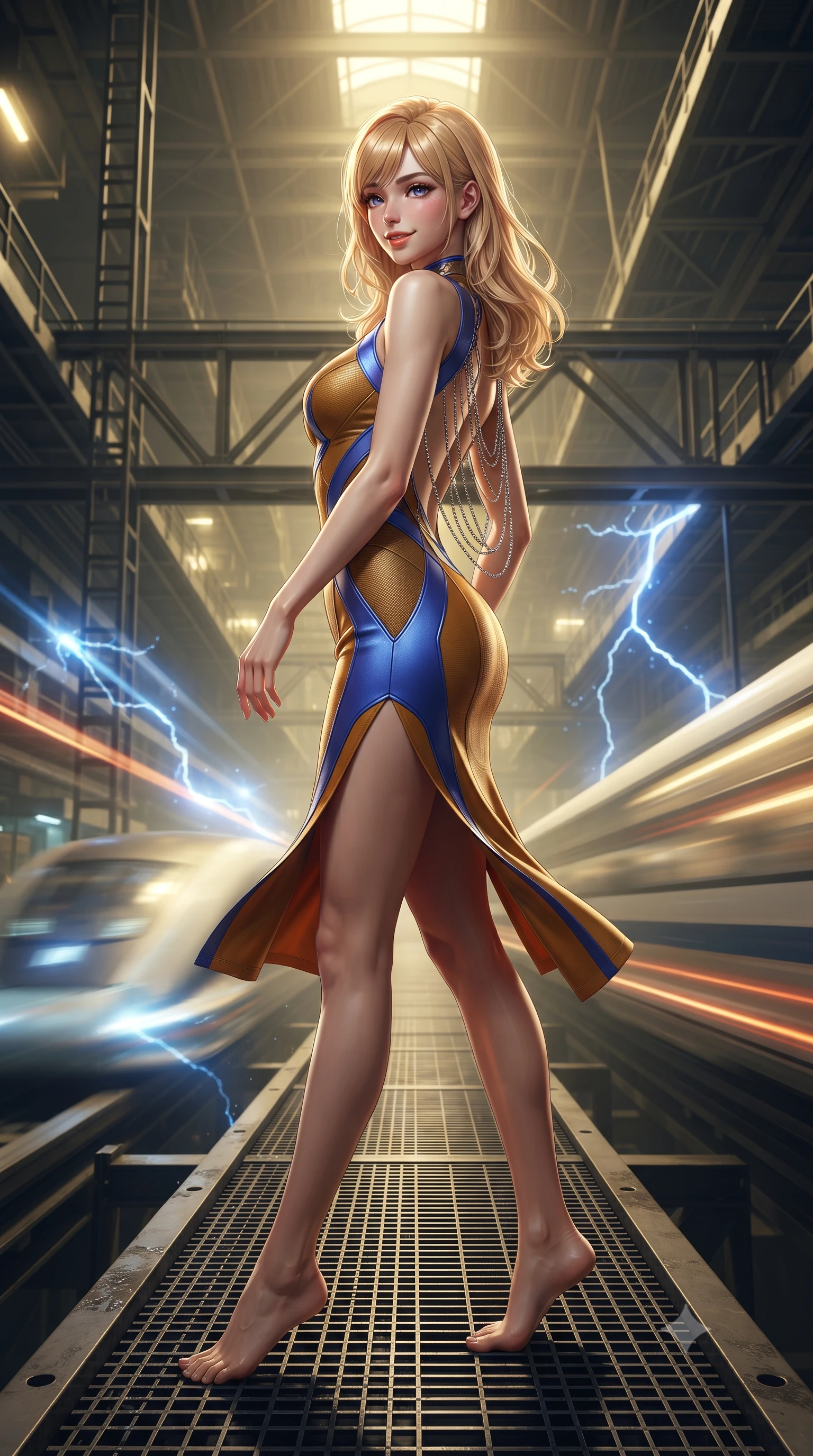 score_9, masterpiece, best quality, ultra-detailed, high-budget anime keyframe, editorial fashion photography, tasteful artistic composition, Caucasian woman. low angle full-body shot from head to toe showing her feet, filling the entire 9:16 vertical frame with her statuesque presence, stretching her vertical silhouette. executing a slow, graceful pivot turn as her skirt sways around her slender legs, glancing back with an enchanting, teasing sensual expression while standing poised on the industrial steel catwalk suspended over the massive maglev junction, arching her spine with commanding haute-couture presence as high-speed trains shoot past. The background shows a soft-focus industrial ozone haze softened in subterranean transit hub shallow focus. She has an exceptionally tall and slender model-like 8.5-heads proportion, an ultra-slim waist, a flat toned midriff, narrow delicate ribcage, and beautifully sculpted feminine hips creating a graceful, slim hourglass silhouette without any bulky heaviness, with impossibly long slender legs. sharp v-shaped jawline, high-bridge nose, intricate jewel-like sparkling eyes with depth, thick eyelashes, glossy parted lips with a natural peach sheen, bright cheerful beaming smile with an enchanting and coquettish sensual glint, exuding both youthful cute charm and seductive allure, flawlessly proportioned anatomical accuracy, strict slender model proportions, natural body alignment, perfectly sculpted long slender limbs, ultra-slim waistline, clean dynamic posture without body distortion. wearing a dense bandage-knit tactical officer dress with subtle geometric chest accents contouring her delicate ribcage and feminine hips in Jovian storm amber and electric cobalt, crafted from fluid liquid silk satin that clings smoothly to her narrow waist and rounded hips with a dewy sheen, accented with an open-back drape framed by falling strands of delicate chrome chains, the glove-like clinging cut tightly following the natural contour of her hips and long slender legs with youthful 8.5-heads elegance. bathed in high-contrast industrial sodium-vapor yellow lighting punctuated by bright blue electrical spark flashes. ultra-reflective glossy finish, specular highlights, rich textural contrasts, high-contrast stereoscopic depth, volumetric dynamic lighting, 2k, ultra detail, master piece, 9:16 ratio