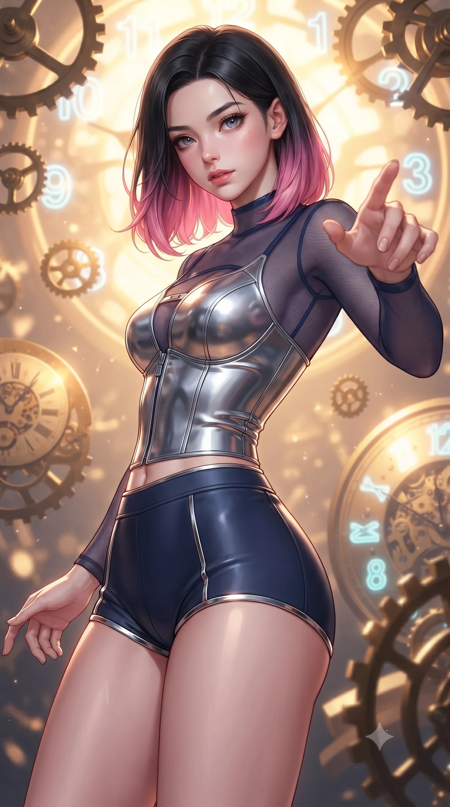 score_9, masterpiece, best quality, ultra-detailed, high-budget anime keyframe, editorial fashion photography, tasteful artistic composition, Korean woman. close-up cowboy shot from the waist and thighs up, the character dominates the composition, filling the frame with her large presence, background elements kept in soft focus. Reaching her hand gracefully toward the camera with magnetic allure, her torso turning in a dynamic S-curve alignment while pivoting sharply with her torso tilted as brass gears rain around her in slow motion, glowing neon clock numbers floating in mid-air with vintage elegancy. She has an exceptionally elegant, slender, and willowy female figure with an ultra-slim waist, a gracefully sculpted slender torso, and a refined silhouette. sharp v-shaped jawline, high-bridge nose, intricate jewel-like eyes with depth, thick eyelashes, glossy lips with a natural sheen, flawlessly proportioned anatomical accuracy, natural body alignment, perfectly sculpted elegant limbs, clean dynamic posture without body distortion. wearing a chrome-plated structured bodice worn over a sheer mesh top and micro-shorts in midnight navy blue and chrome trim, formed from sleek second-skin neoprene, accented with a Tasteful chest slit framing her clavicle gracefully, the elegant draped fit framing her graceful clavicle and slender torso. illuminated by a brilliant golden hour glow filtering through clockwork dials. ultra-reflective glossy finish, specular highlights, metallic sheen, high-contrast stereoscopic depth, volumetric dynamic lighting, 2k, ultra detail, master piece, 9:16 ratio