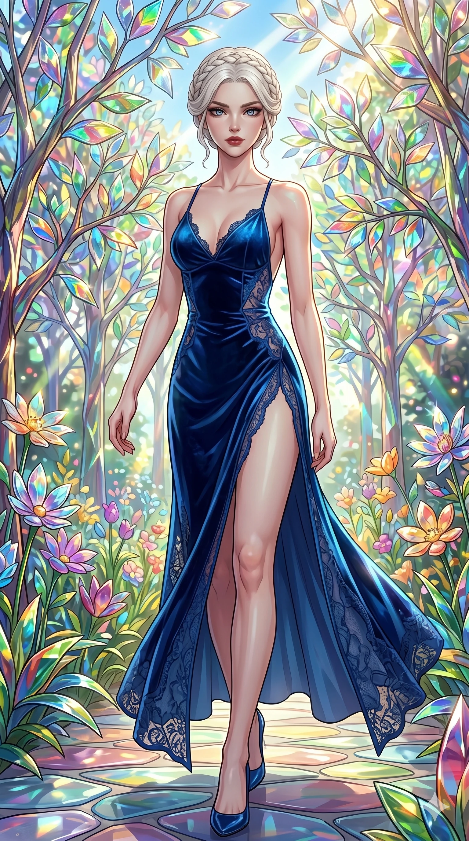 score_9, masterpiece, best quality, ultra-detailed, Set C: High-budget Anime Keyframe, Korean woman. Low angle cowboy shot filling the entire 9:16 frame with her statuesque presence. Walking through a garden of glass trees that chime in the wind. She has an absolutely perfect 8-heads proportion, an exceptionally tall and slender female figure with impossibly long slender legs and an ultra-slim waist. Sharp v-shaped jawline, high-bridge nose, intricate jewel-like eyes with depth, thick eyelashes, glossy lips. Wearing a High-Fashion Editorial outfit: slip dress with a dangerously high side slit and velvet detail. Background is a bright and colorful fantasy garden with prismatic glass leaves and vibrant light. 2k, ultra detail, master piece, 9:16 ratio