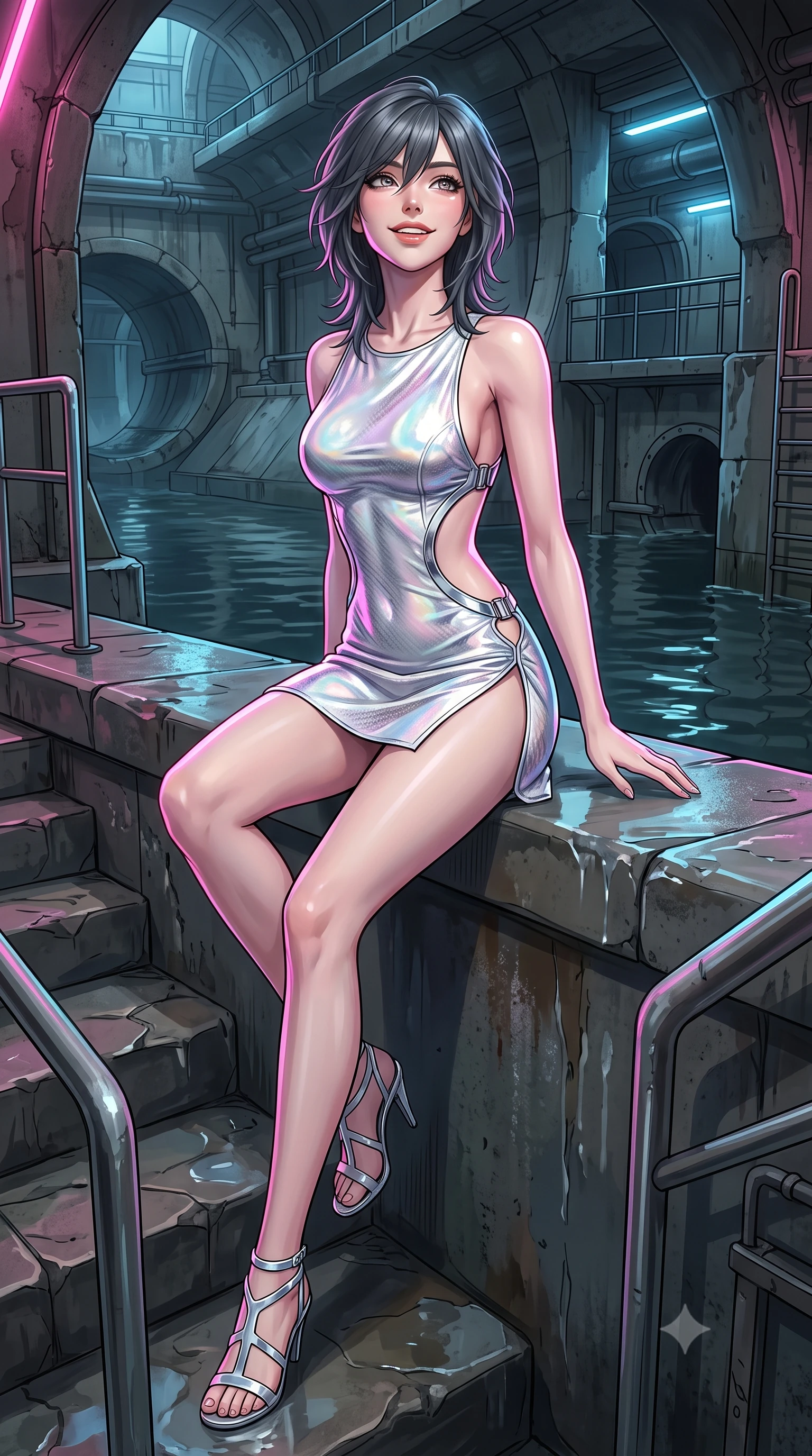 score_9, masterpiece, best quality, ultra-detailed, high-budget anime keyframe, semi-realistic 3D game render, editorial fashion photography, tasteful artistic composition, Caucasian woman. low angle full-body shot from head to toe showing her feet, filling the entire 9:16 vertical frame with her statuesque presence, stretching her vertical silhouette. sitting poised on the stone steps with one knee bent, arching her spine with supermodel elegance as she glances upward through thick eyelashes while sitting poised on the sleek concrete canal ledge with one knee bent, arching her back with playful elegance and parted glossy lips. The surrounding environment is rendered in vivid detail and crisp panoramic clarity: detailed outfit texture, dynamic anime shading, and atmospheric subterranean canal engineering in razor-sharp precision. She has an exceptionally tall and slender model-like 8.5-heads proportion, an ultra-slim waist, a flat toned midriff, narrow delicate ribcage, and beautifully sculpted feminine hips creating a graceful, slim hourglass silhouette without any bulky heaviness, with impossibly long slender legs. sharp v-shaped jawline, high-bridge nose, intricate jewel-like sparkling eyes with depth, thick eyelashes, glossy parted lips with a natural peach sheen, bright cheerful beaming smile with an enchanting and coquettish sensual glint, exuding both youthful cute charm and seductive allure, flawlessly proportioned anatomical accuracy, strict slender model proportions, natural body alignment, perfectly sculpted long slender limbs, ultra-slim waistline, clean dynamic posture without body distortion. wearing a provocative open-waist cutout mini dress framed by polished chrome hardware and thigh-high slit in iridescent mother-of-pearl and liquid molten silver, woven from structured carbon-fiber jacquard with rich textural depth, finished with sleek magnetic buckle closures fluttering in the breeze, the precision-cut side openings and low-back scoop framing her graceful spine and the sensual sweep of her slim, toned hips. illuminated by canal water reflection bounce and sharp neon-pink rim lights sculpting her jawline, narrow waist, and curvy hips. highly saturated vibrant anime colors, detailed shading with soft gradients, rich glossy textures, high-contrast stereoscopic depth, volumetric dynamic lighting, master piece, 9:16 ratio
