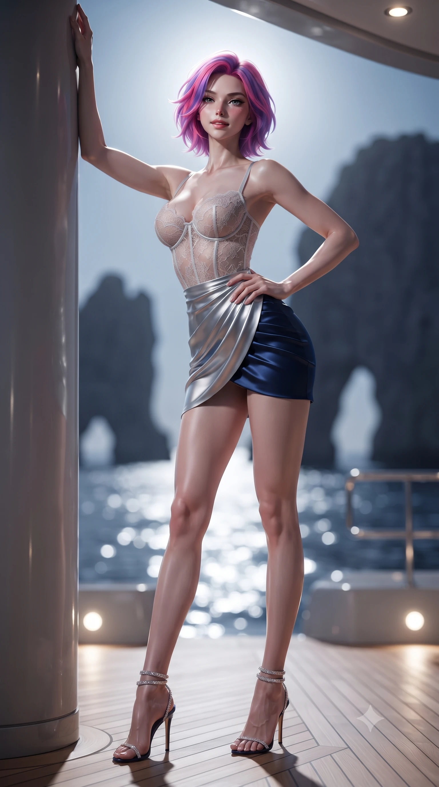 score_9, masterpiece, best quality, ultra-detailed, high-budget anime keyframe, editorial fashion photography, tasteful artistic composition, Caucasian woman. low angle full-body shot from head to toe showing her feet, filling the entire 9:16 vertical frame with her statuesque presence, stretching her vertical silhouette. standing tall beside the architectural column, one hand resting high while arching her lower back to emphasize her sculpted feminine hips and slender waist while twisting her slender torso in an alluring contrapposto stance, coastal sea breezes molding her sheer gown to her long slender legs and curvy hips. The background shows a soft-focus the colossal silhouette of the Faraglioni limestone sea arches, shimmering moonlit sea, and luxury yacht deck lights blurred into silver, navy, and gold bokeh. She has an absolutely perfect, statuesque 8.5-heads proportion, an exceptionally tall and slender model-like female figure with impossibly long slender legs, an ultra-slim waist, a flat toned midriff, narrow delicate ribcage, and beautifully sculpted feminine hips creating a graceful, slim hourglass silhouette without any bulky heaviness. sharp v-shaped jawline, high-bridge nose, sparkling eyes with hypnotic seductive depth, thick curled eyelashes, glossy parted lips with a natural dewy peach sheen, alluring bedroom-eyes with an enchanting coquettish smile, exuding magnetic siren charisma and sophisticated glamour, flawlessly proportioned anatomical accuracy, strict slender model proportions, natural body alignment, perfectly sculpted long slender limbs, ultra-slim waistline, clean dynamic posture without body distortion. wearing a sculpted underwire demi-bustier in semi-sheer lace paired with an ultra-short draped tulip skirt in molten liquid silver and deep sapphire navy, made of delicate semi-sheer French Chantilly lace with intricate eyelash edges, complemented by strappy stiletto sandals with crystal ankle wraps accentuating her slender calves, the liquid-tight tailored fabric clinging flawlessly to her narrow waist and rounded feminine hips, emphasizing every millimeter of her sculpted slim hourglass curves without any bulky heaviness. bathed in brilliant pure silver moonlight reflecting off the Mediterranean Sea paired with warm teak deck downlights. ultra-reflective glossy finish, specular highlights, rich textural contrasts, high-contrast stereoscopic depth, volumetric dynamic lighting, 2k, ultra detail, master piece, 9:16 ratio