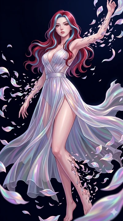 score_9, masterpiece, best quality, ultra-detailed, High-budget Anime Keyframe, East Asian woman. Low angle cowboy shot filling the entire 9:16 frame with her statuesque presence. Scenario 271: Dissolving into a cloud of iridescent silk petals in a v