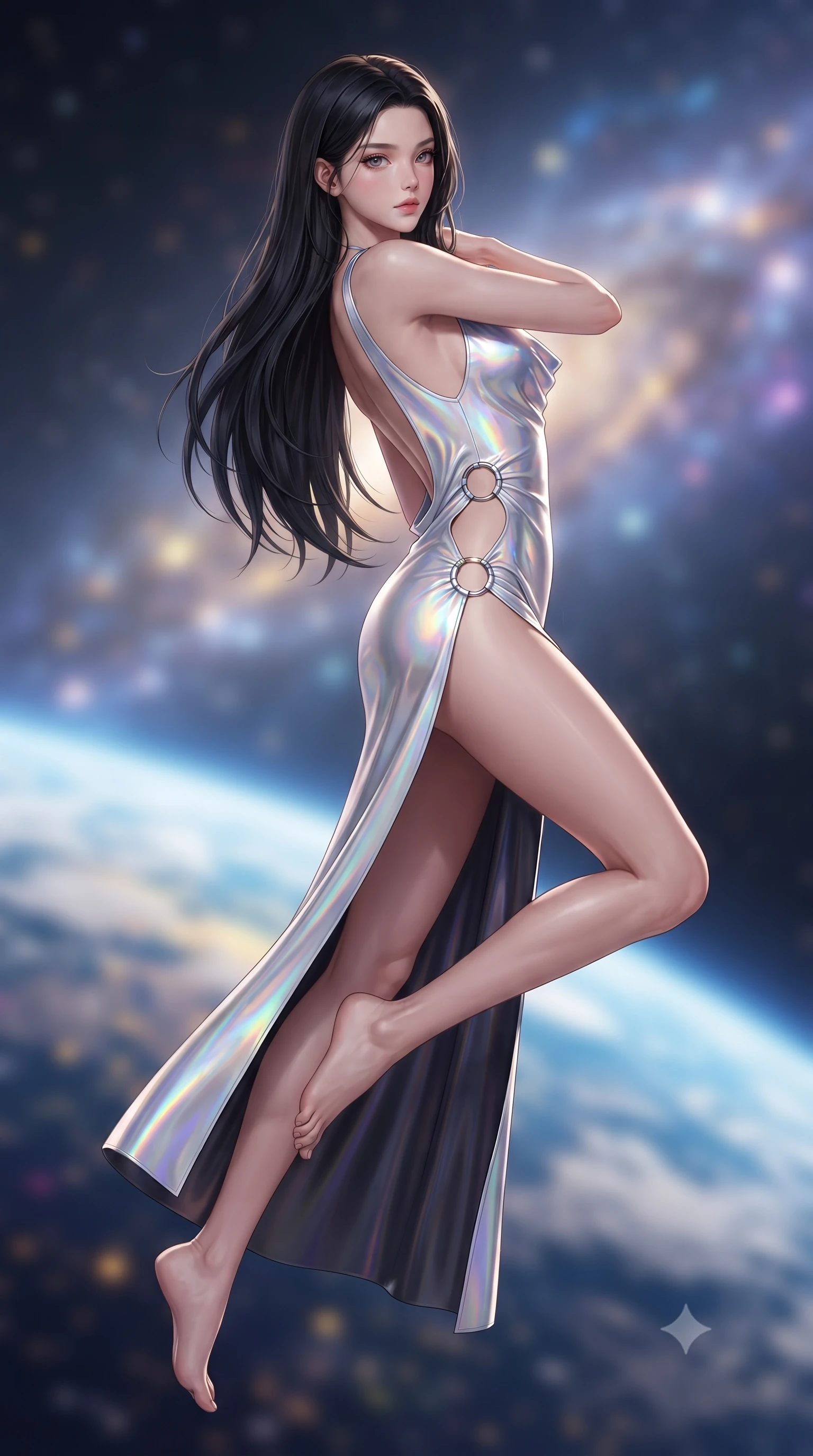 score_9, masterpiece, best quality, ultra-detailed, high-budget anime keyframe, editorial fashion photography, tasteful artistic composition, Korean woman. low angle full-body shot from head to toe showing her feet, filling the entire 9:16 vertical frame with her statuesque presence, stretching her vertical silhouette. arching her spine in a fluid zero-gravity turn with sovereign grace, her long slender legs and sculpted torso creating a sweeping line while arching her spine in a fluid zero-gravity turn as solar wind flares and cosmic rays trace her statuesque silhouette. The composition keeps background elements in soft focus with creamy bokeh. glowing planetary curve of Earth and distant supernova clouds blurred into breathtaking azure, gold, and violet bokeh. She has an absolutely perfect, statuesque 8.5-heads proportion, an exceptionally tall and slender model-like female figure with impossibly long slender legs, a toned flat midriff, and an ultra-slim waist. sharp v-shaped jawline, high-bridge nose, intricate jewel-like eyes with depth, thick eyelashes, glossy lips with a natural sheen, flawlessly proportioned anatomical accuracy, strict slender model proportions, natural body alignment, perfectly sculpted long slender limbs, ultra-slim waistline, clean dynamic posture without body distortion. wearing a precision-fitted liquid jersey bodycon gown in radiant chrome and white, featuring an open cowl back and high side slit in iridescent holographic chrome with prism violet highlights, made of liquid jersey fabric that clings flawlessly to every contour of her build, detailed with polished silver rings connecting the daring side-waist cutouts, the sleek second-skin cut tightly hugging her graceful clavicle, narrow waist, and feminine curves with athletic precision. bathed in dazzling high-noon orbital sunlight and rich blue planetary ambient bounce light. ultra-reflective glossy finish, specular highlights, dark metallic sheen, high-contrast stereoscopic depth, volumetric dynamic lighting, 2k, ultra detail, master piece, 9:16 ratio