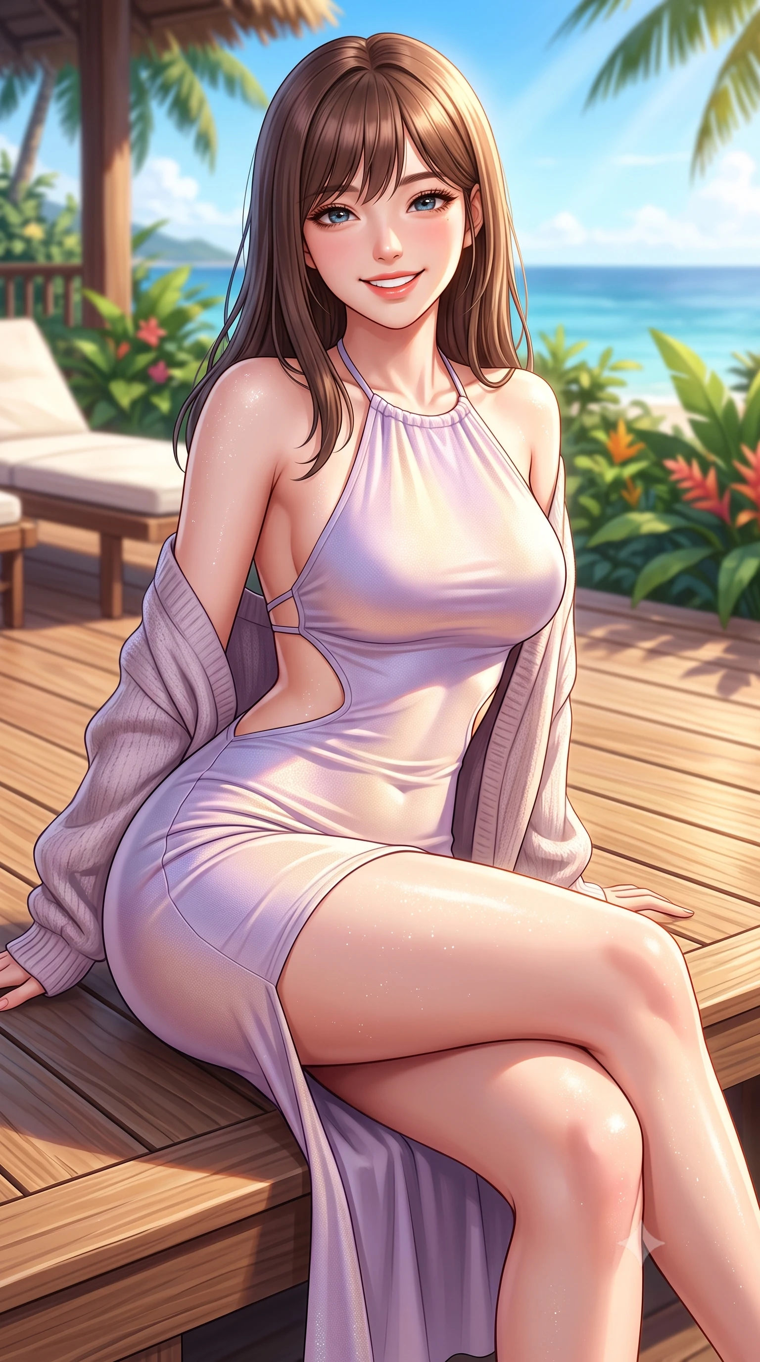 score_9, masterpiece, best quality, ultra-detailed, high-budget anime keyframe, semi-realistic 3D game render, editorial fashion photography, tasteful artistic composition, Korean woman. close-up cowboy shot from the waist and thighs up, the character dominates the composition, filling the frame with her large presence. leaning forward with playful cute grace while arching her lower back to accentuate her curvy hips, looking into the camera with a bright cheerful smile and alluring coquettish bedroom-eyes while sitting perched on the sunlit timber deck with legs crossed, her toned flat midriff and curvy hips glowing in the radiant Hawaiian sun. The surrounding environment is rendered in vivid detail and crisp panoramic clarity. detailed sporty chic outfit weave, glistening sun spray on skin, and ocean horizon clarity in high resolution. She has an exceptionally elegant, slender, and willowy female figure with an ultra-slim waist, flat toned midriff, narrow ribcage, and sculpted feminine hips creating an alluring, slim hourglass silhouette without bulk. sharp v-shaped jawline, high-bridge nose, intricate jewel-like sparkling eyes with depth, thick eyelashes, glossy parted lips with a natural peach sheen, bright cheerful beaming smile with an enchanting and coquettish sensual glint, exuding both youthful cute charm and seductive allure, flawlessly proportioned anatomical accuracy, strict slender model proportions, natural body alignment, perfectly sculpted long slender limbs, ultra-slim waistline, clean dynamic posture without body distortion. wearing a backless pastel halter sundress with side-waist diamond cutouts and an ultra-fitted hip-hugging silhouette in soft lilac and champagne shimmer, crafted from liquid-tight stretch jersey emphasizing every curve, complemented by an oversized soft knit cardigan slipping off one bare shoulder, the precision-cut side openings and low-back scoop framing her graceful spine and the sensual sweep of her slim, toned hips. illuminated by warm sand specular reflections sharply carving her razor-sharp jawline, narrow waist, and curvy hips. highly saturated vibrant anime colors, detailed shading with soft gradients, rich glossy textures, high-contrast stereoscopic depth, volumetric dynamic lighting, master piece, 9:16 ratio