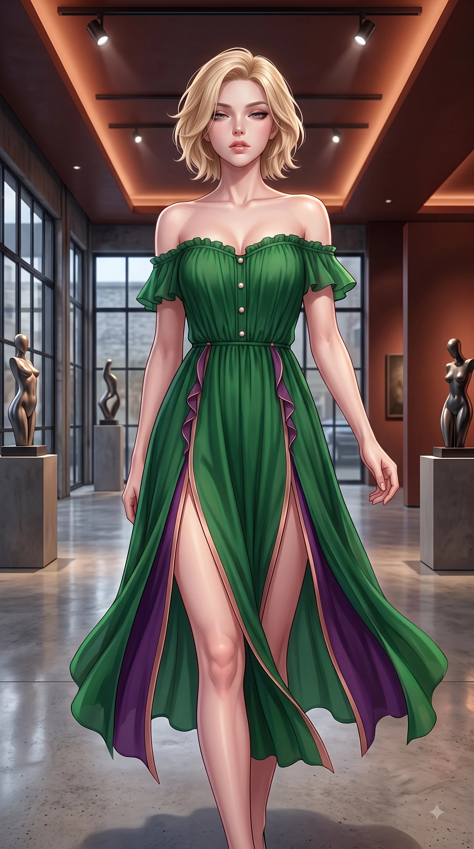 score_9, masterpiece, best quality, ultra-detailed, high-budget anime keyframe, editorial fashion photography, tasteful artistic composition, Caucasian woman. close-up cowboy shot from the waist and thighs up, the character dominates the composition, filling the frame with her large presence. Sensual alluring expression with smoldering intensity, half-closed bedroom eyes, and softly parted glossy lips while stepping along a polished concrete gallery hall under sleek overhead gallery spotlights. The surrounding environment is rendered in vivid detail and crisp panoramic clarity. sleek designer sculptures, industrial window frames, and crisp spotlight reflections in deep focus. She has an exceptionally elegant, slender, and willowy female figure with an ultra-slim waist, a gracefully sculpted slender torso, and a refined silhouette. sharp v-shaped jawline, high-bridge nose, intricate jewel-like eyes with depth, thick eyelashes, glossy lips with a natural sheen, flawlessly proportioned anatomical accuracy, natural body alignment, perfectly sculpted elegant limbs, clean dynamic posture without body distortion. wearing a vibrant forest green off-shoulder midi dress with a tasteful front slit in deep amethyst purple and rose gold, woven from fine lightweight chiffon fluttering gracefully, accented with delicate pearl buttons and refined ruffle trims, the fluid drape swaying gracefully with her dynamic editorial movement. illuminated by crisp gallery spotlights and rich mahogany ambient glow. highly saturated vibrant anime colors, detailed shading with soft gradients, rich glossy textures, high-contrast stereoscopic depth, volumetric dynamic lighting, master piece, 9:16 ratio