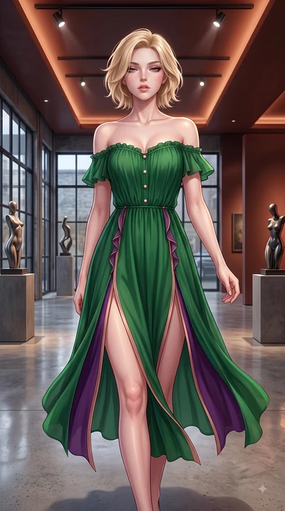 score_9, masterpiece, best quality, ultra-detailed, high-budget anime keyframe, editorial fashion photography, tasteful artistic composition, Caucasian woman. close-up cowboy shot from the waist and thighs up, the character dominates the composition,